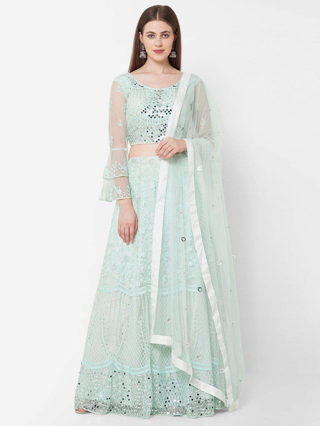 RedRound Turquoise Blue Embroidered Mirror Work Semi-Stitched Lehenga & Unstitched Blouse With Dupatta Price in India