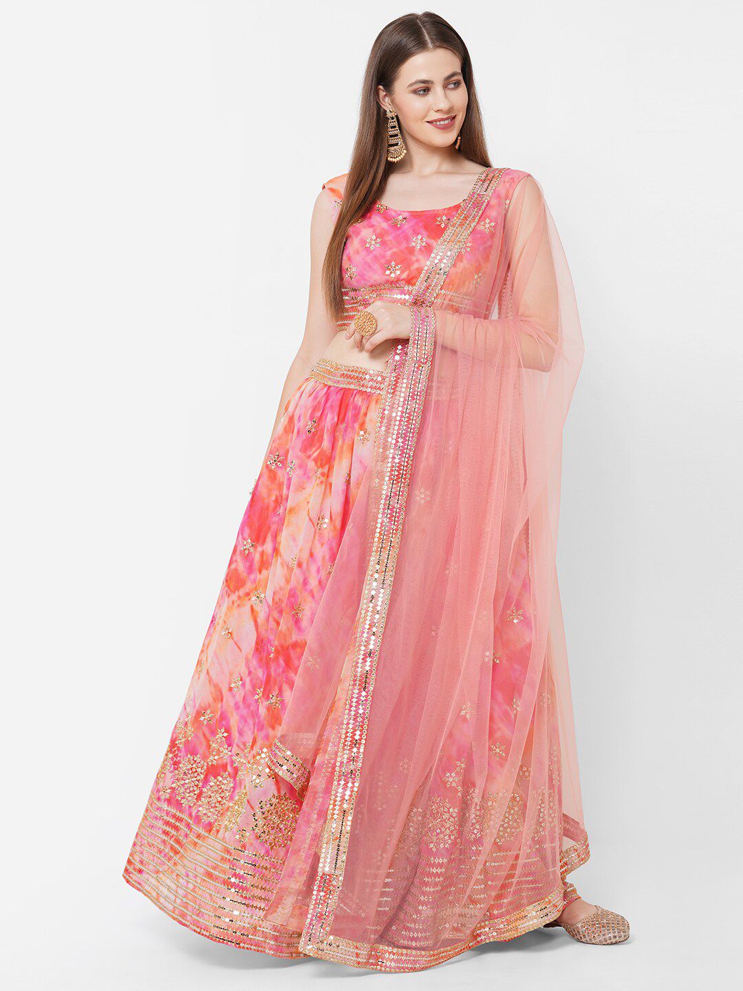 RedRound Pink & Gold-Toned Sequinnes Semi-Stitched Lehenga & Unstitched Blouse & Dupatta Price in India