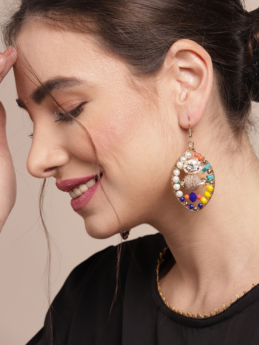 Sangria Gold-Toned & White Stone Studded & Beaded Leaf Shaped Drop Earrings Price in India