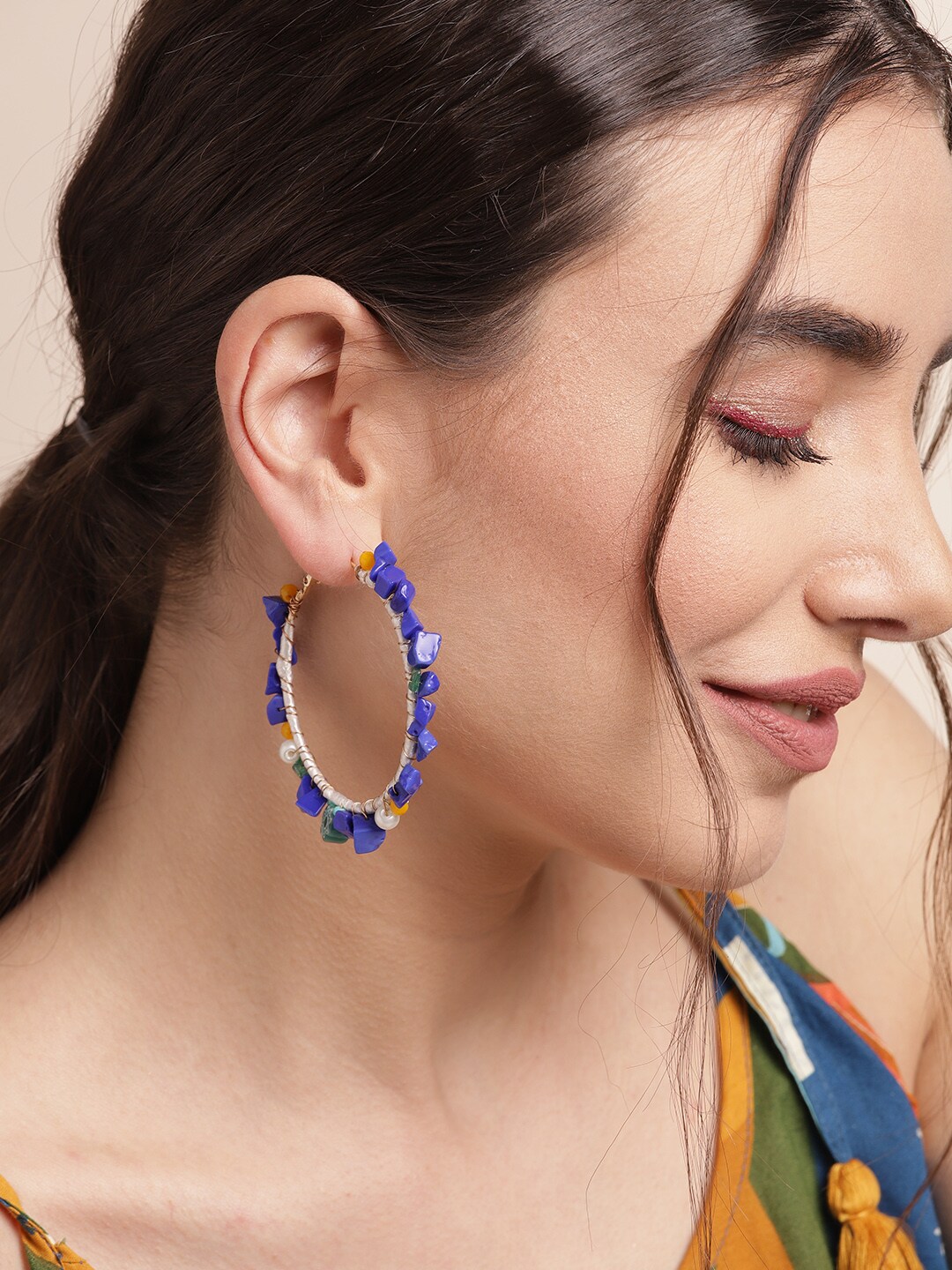 Sangria Blue & White Stone Studded & Beaded Circular Hoop Earrings Price in India