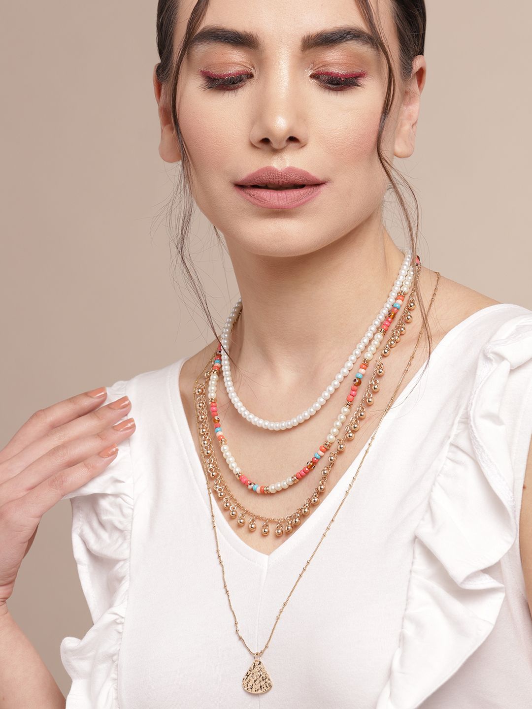 Sangria Gold-Toned & Pink Beaded Layered Necklace Price in India
