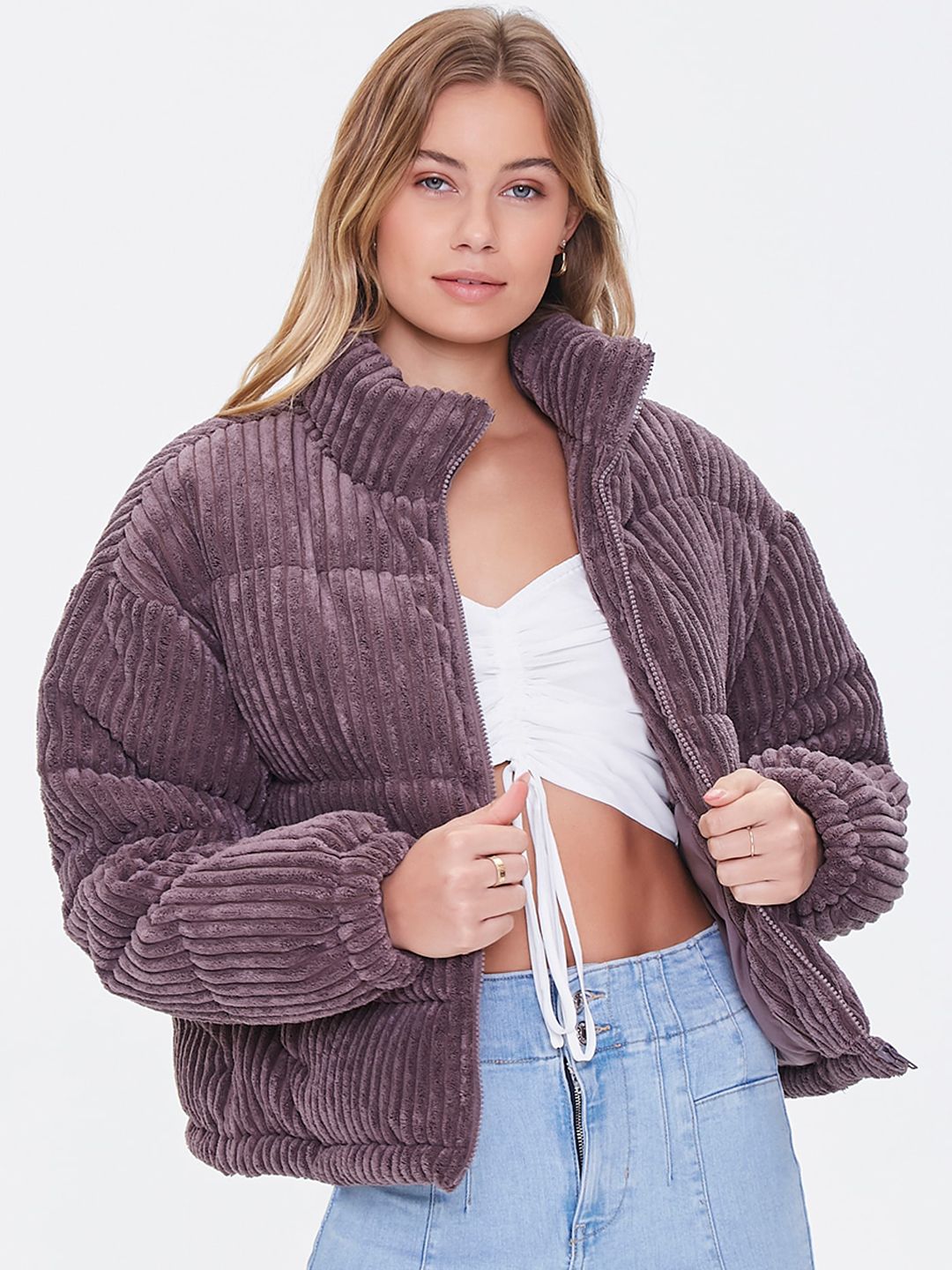 FOREVER 21 Women Purple Crop Corduroy Puffer Jacket Price in India