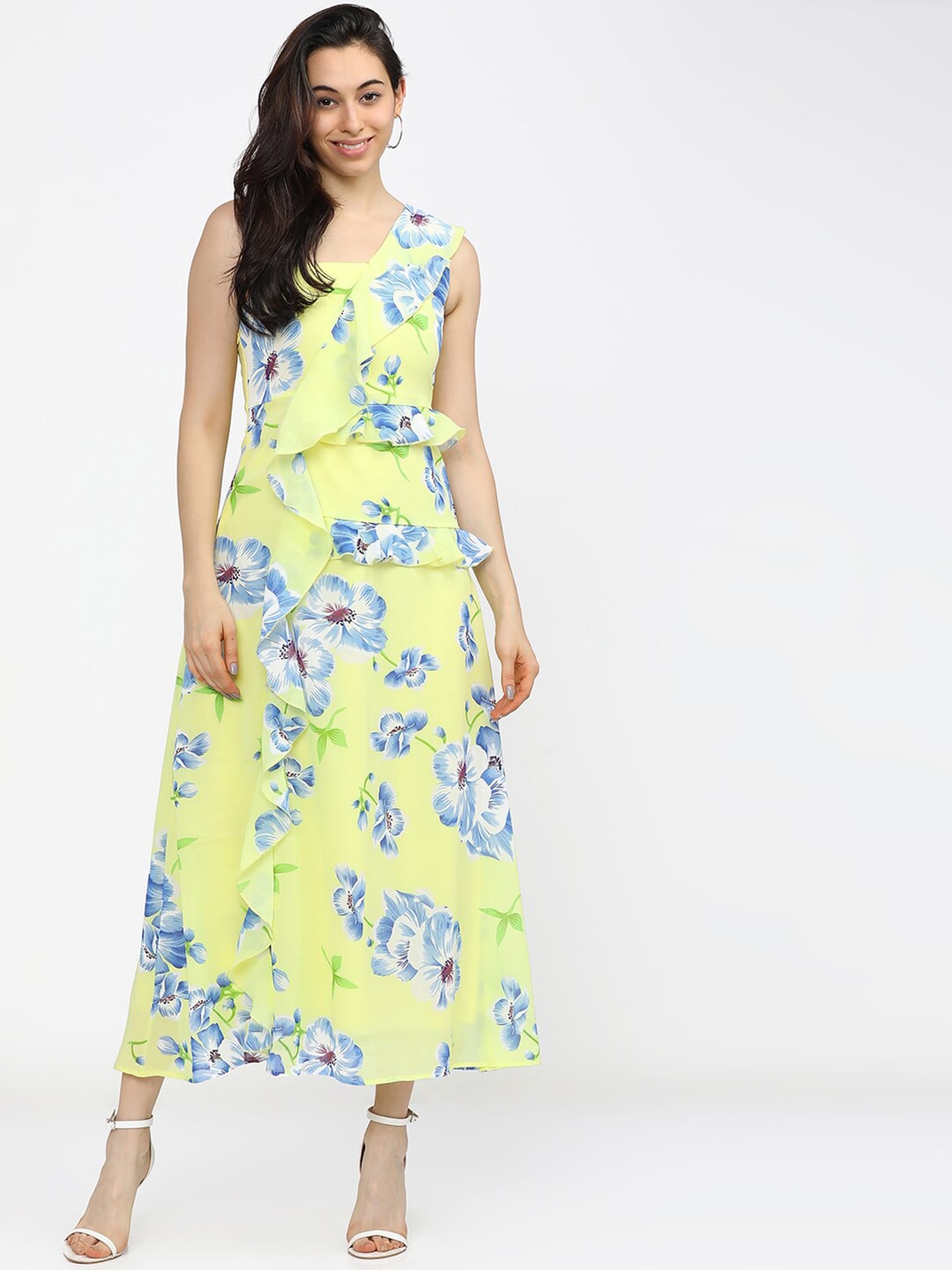 Tokyo Talkies Yellow & Blue Floral Maxi Dress Price in India