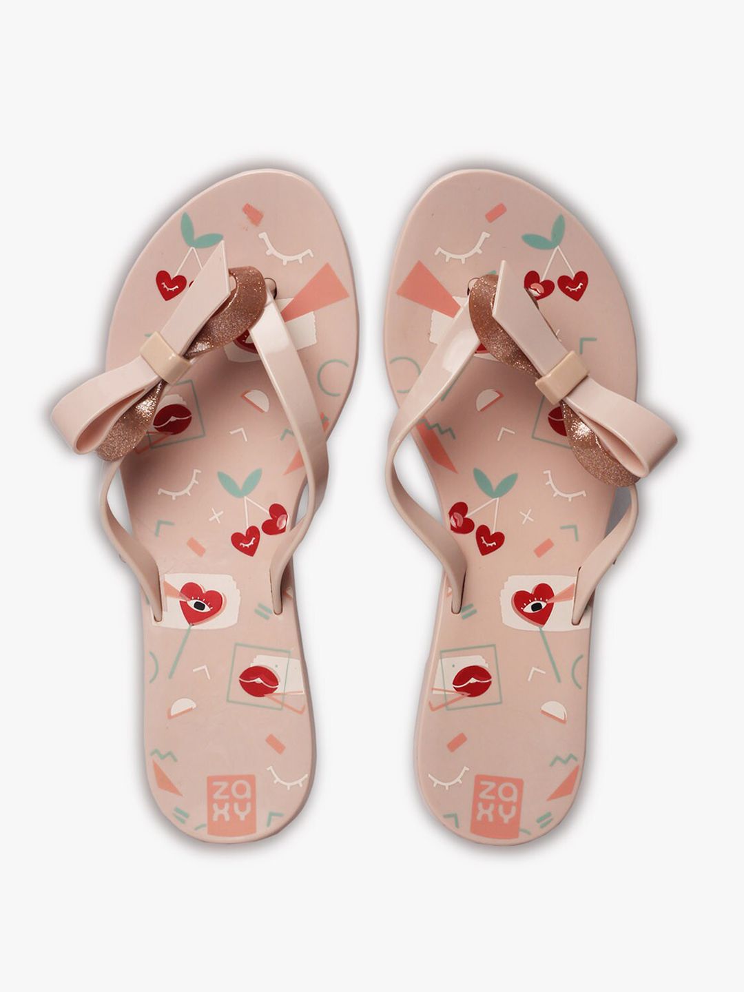 Zaxy Women Taupe & Red Printed Thong Flip-Flops Price in India