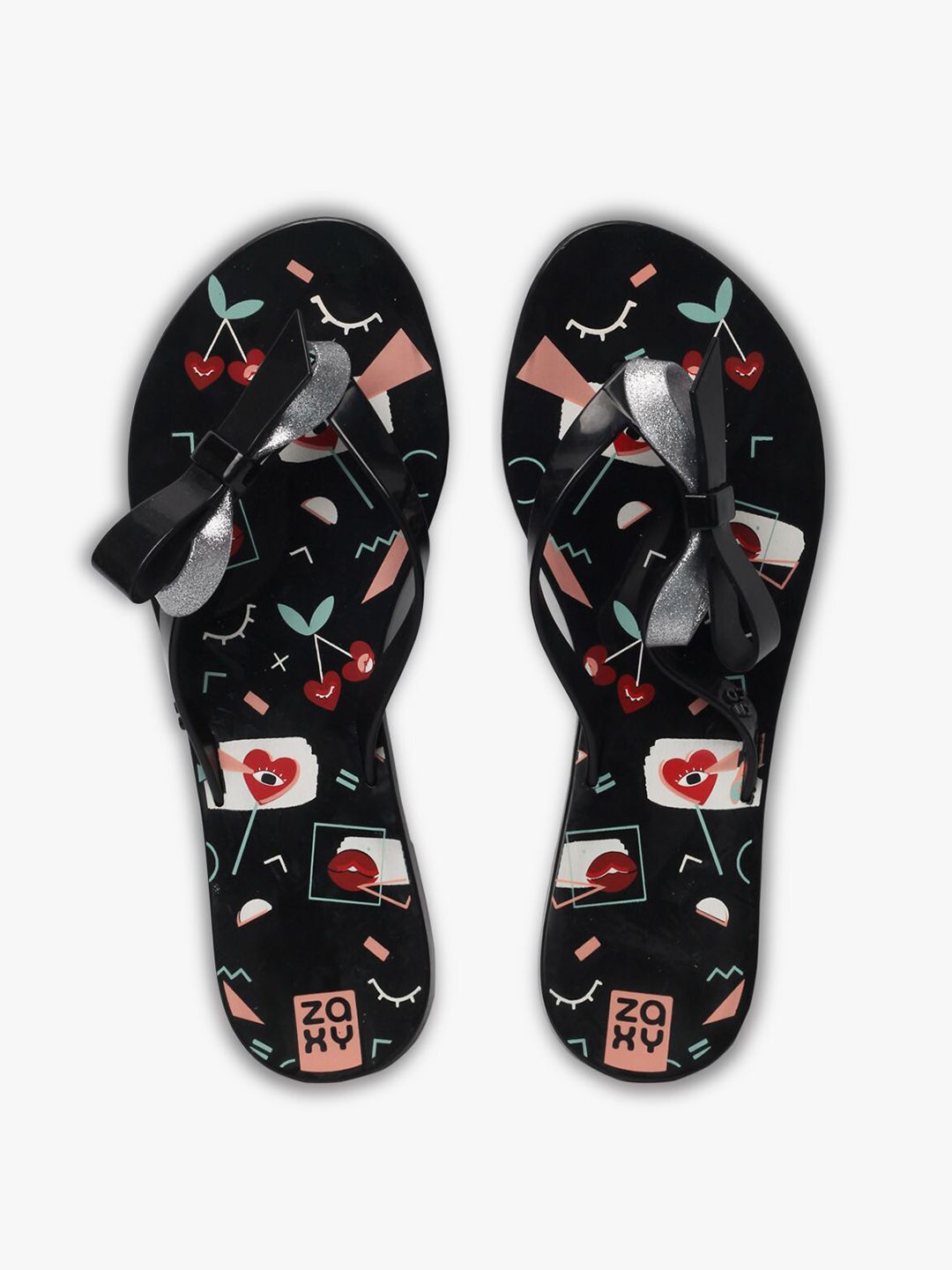 Zaxy Women Black Printed Solid Thong Flip Flops Price in India