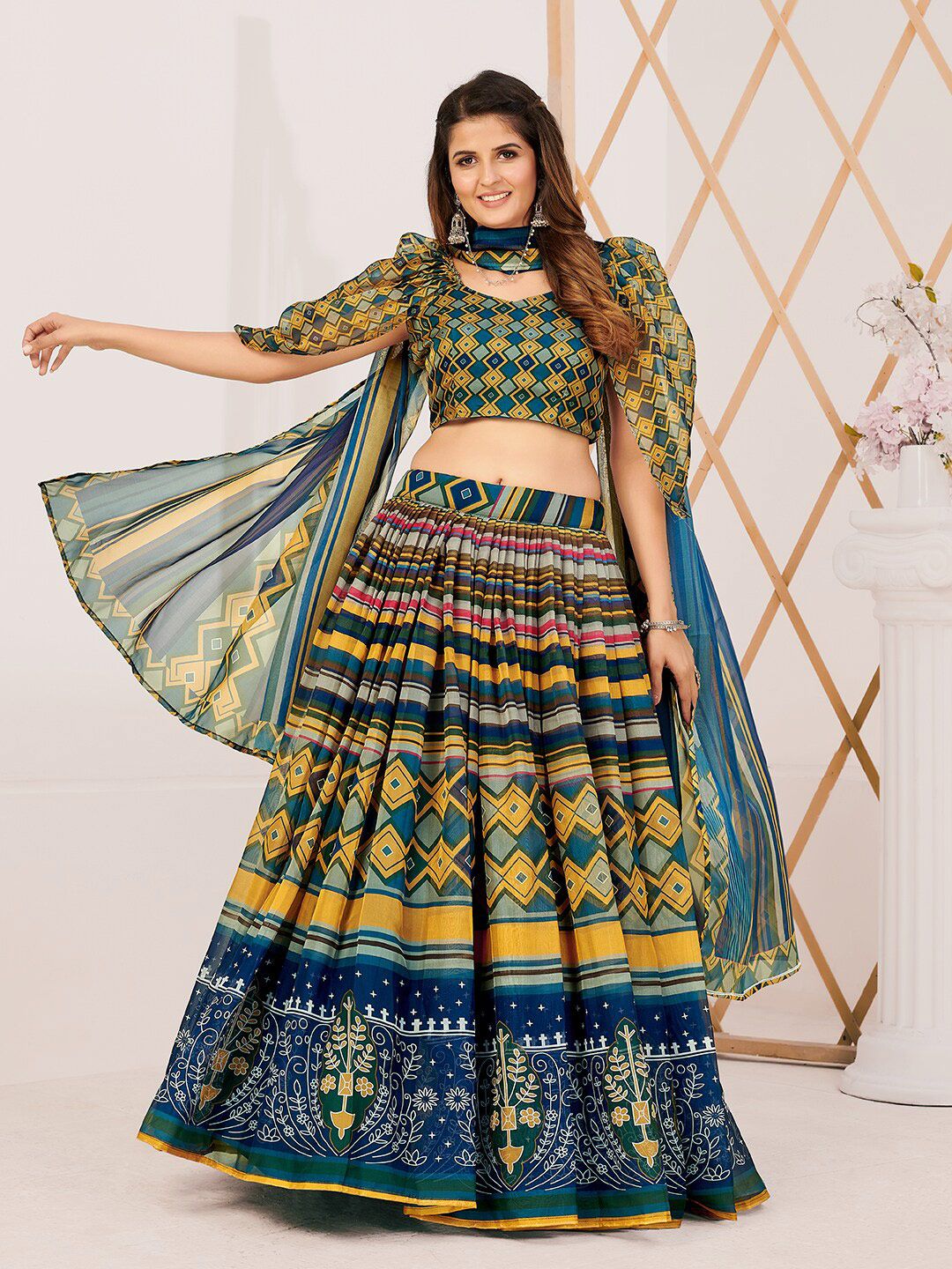 SHOPGARB Green & Blue Printed Semi-Stitched Lehenga & Unstitched Blouse With Dupatta Price in India