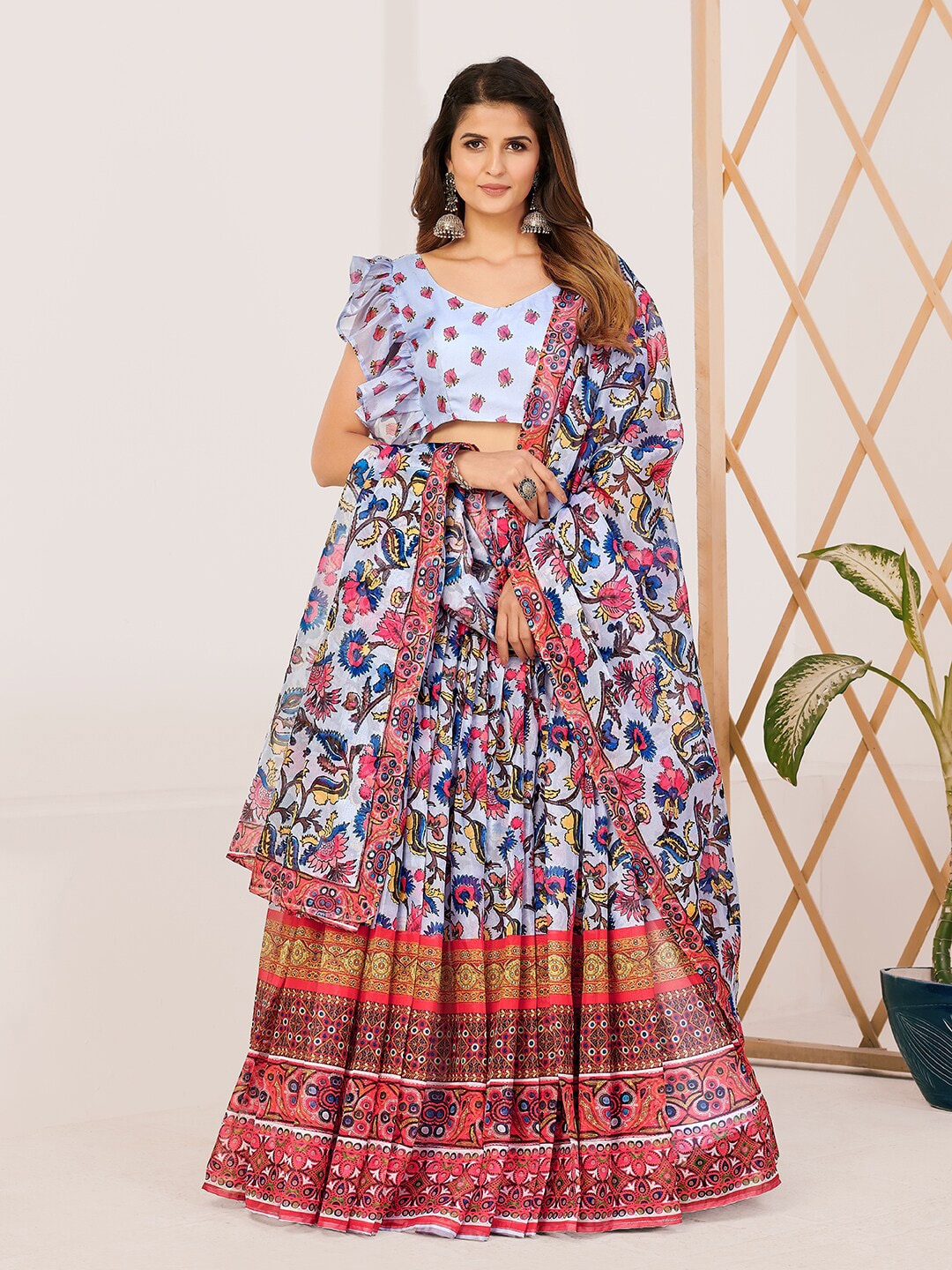 SHOPGARB Blue & Magenta Printed Semi-Stitched Lehenga & Unstitched Blouse With Dupatta Price in India