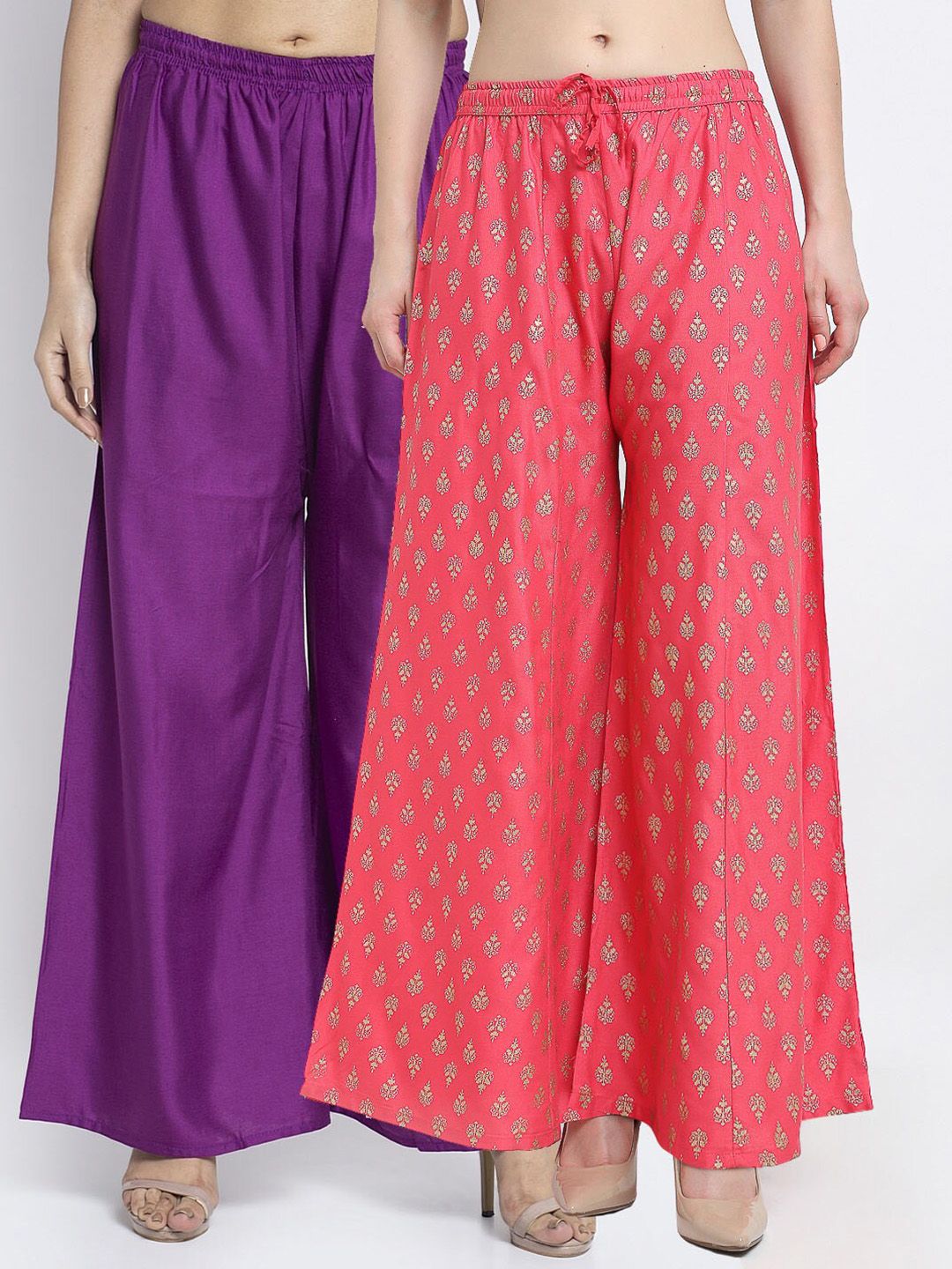 GRACIT Women Pack Of 2 Purple & Peach-Coloured Printed Flared Knitted Ethnic Palazzos Price in India