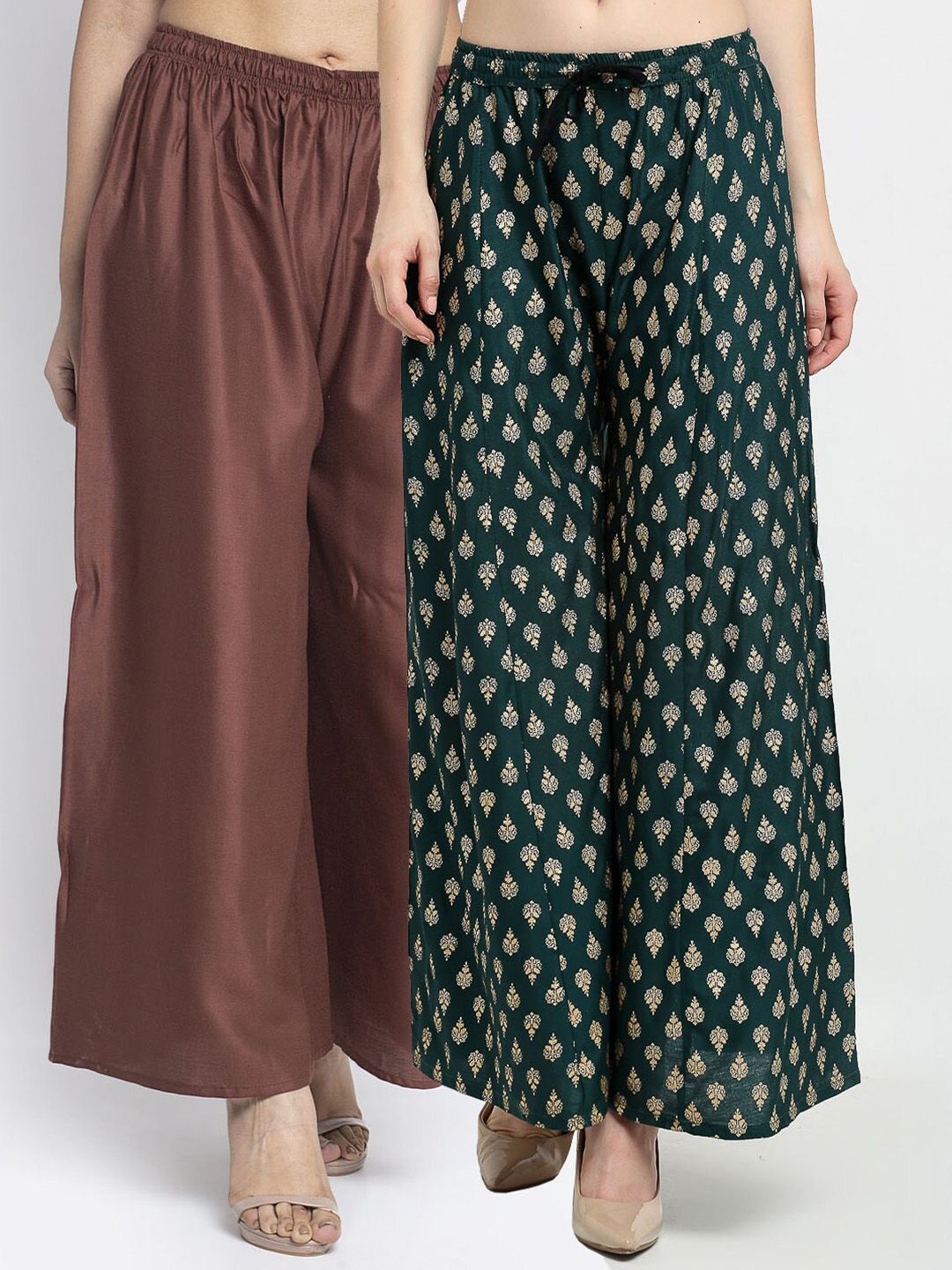 GRACIT Women Pack Of 2 Brown & Green Printed Flared Knitted Ethnic Palazzos Price in India