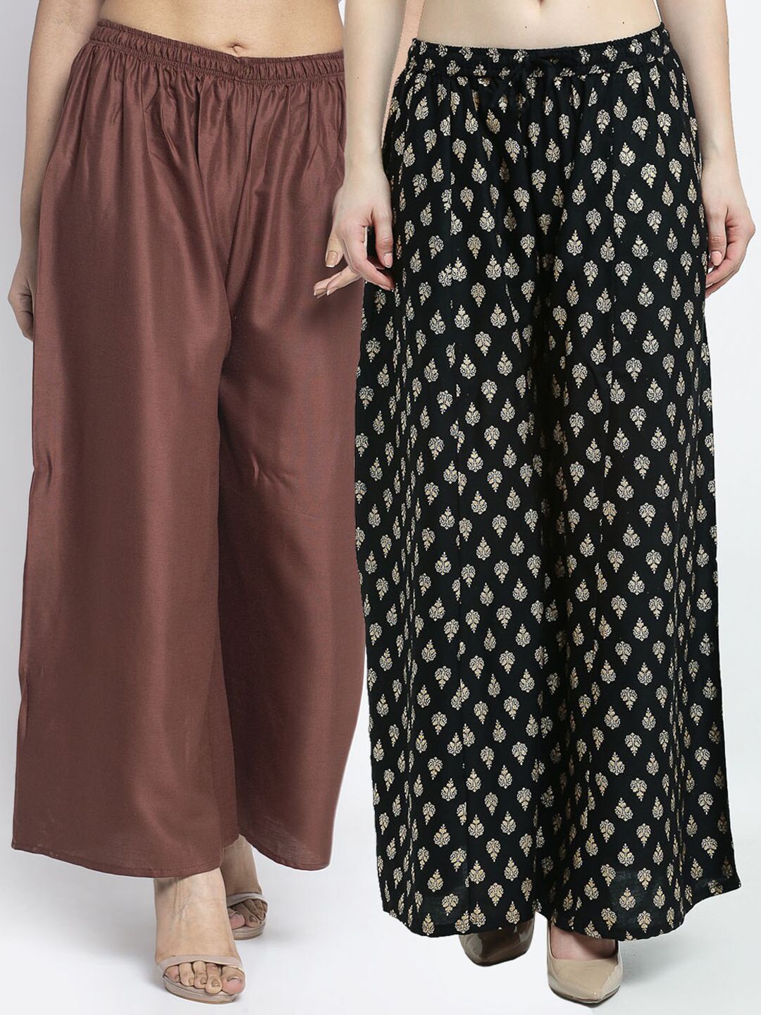 GRACIT Women Set of 2 Brown & Black Ethnic Motifs Printed Knitted Palazzos Price in India