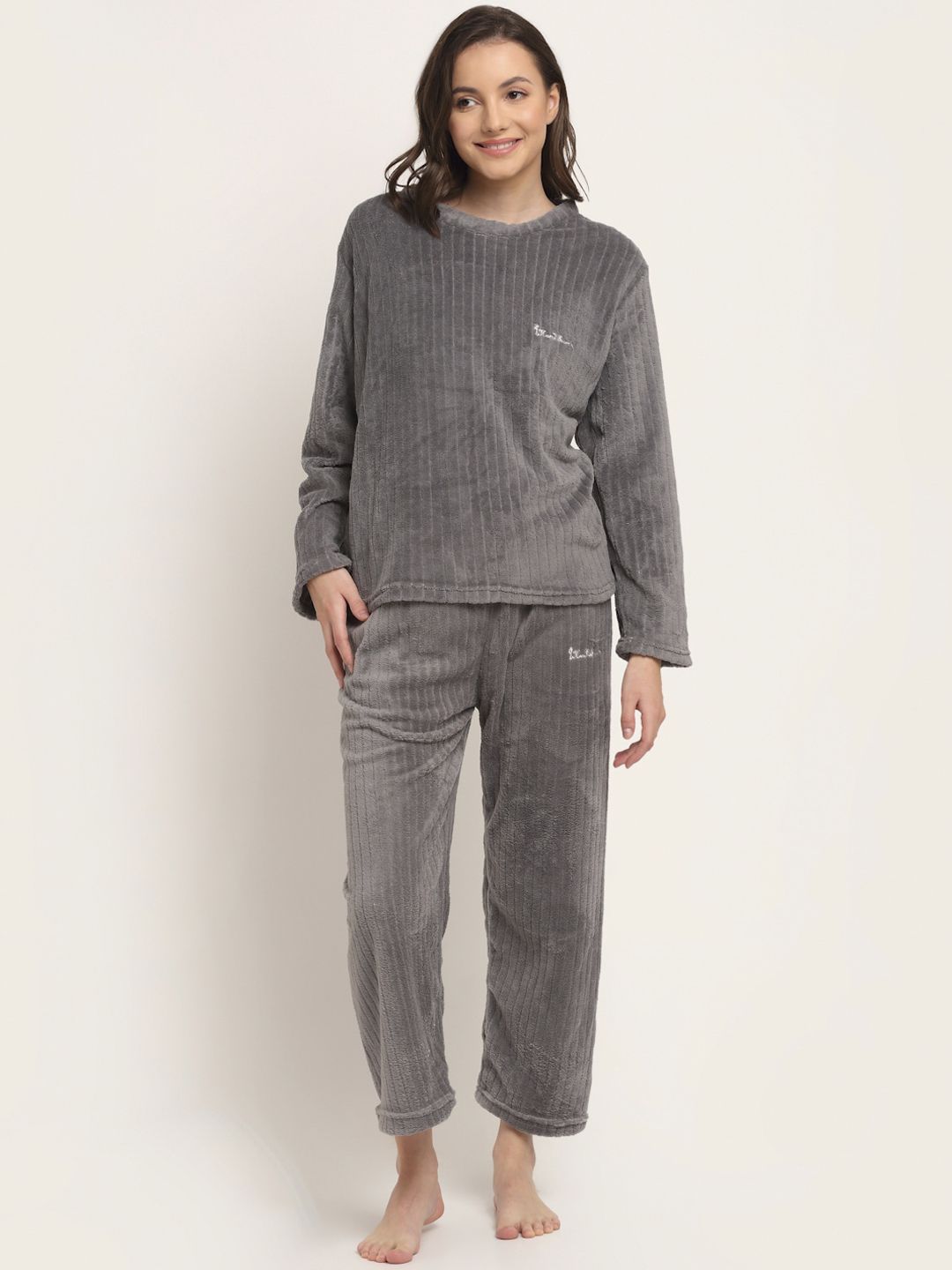 TAG 7 Women Grey Striped Fleece Night Suit Price in India