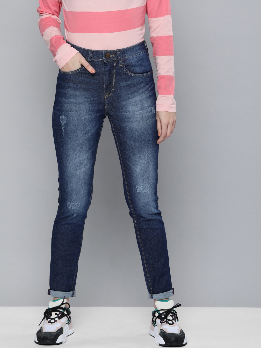 HERE&NOW Women Blue Skinny Fit High-Rise Low Distress Heavy Fade Stretchable Jeans Price in India