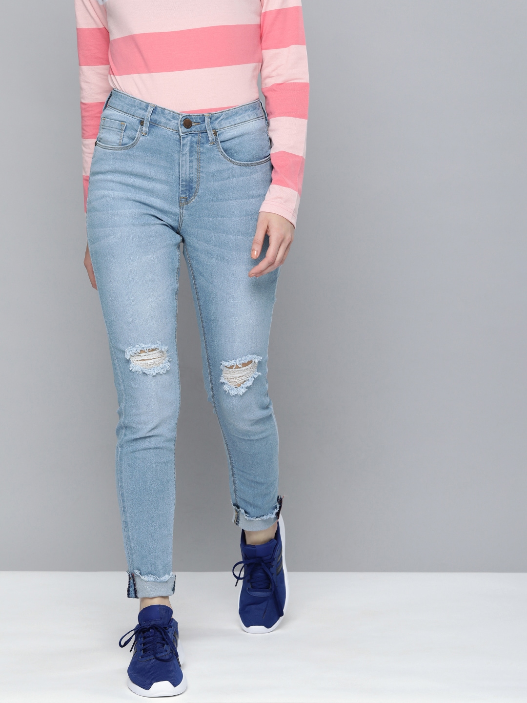 HERE&NOW Women Blue High-Rise Skinny Fit Mildly Distressed Light Fade Stretchable Jeans Price in India