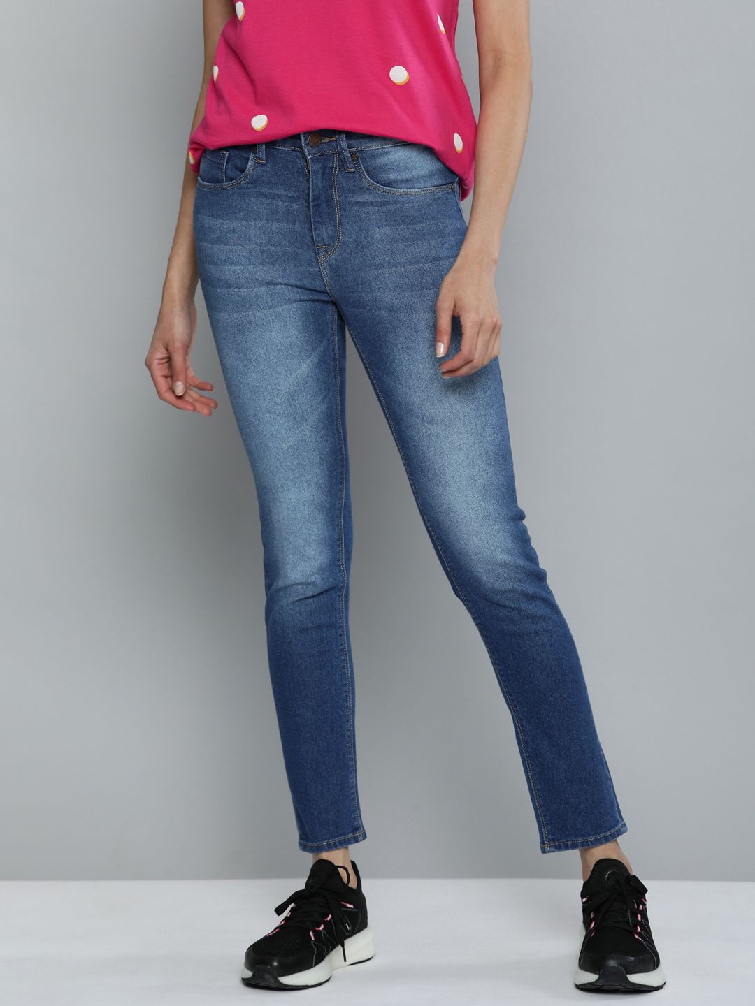 HERE&NOW Women Blue High-Rise Skinny Fit Heavy Fade Stretchable Jeans Price in India