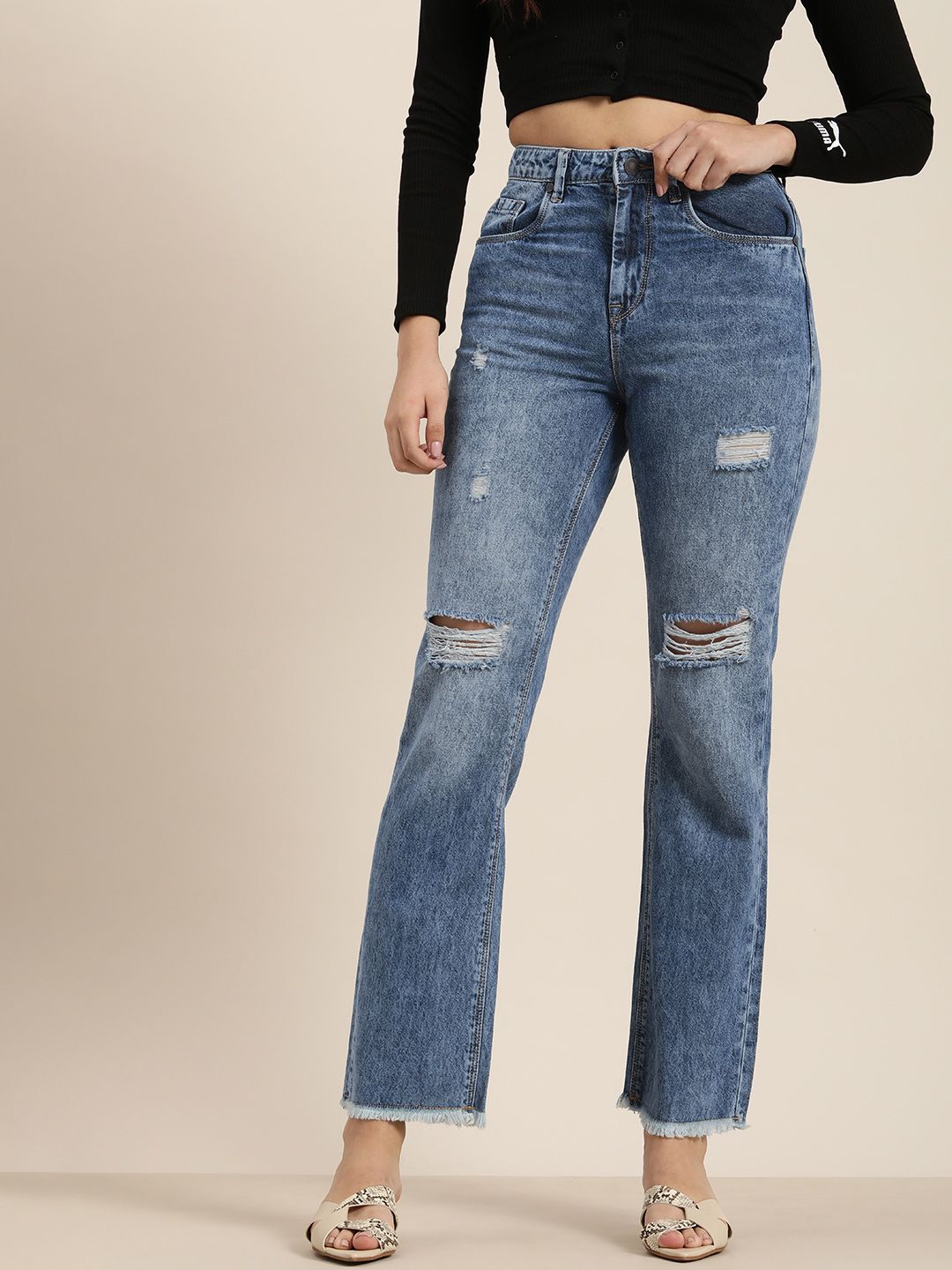Moda Rapido Women Blue Straight Fit High-Rise Mildly Distressed Light Fade Jeans Price in India