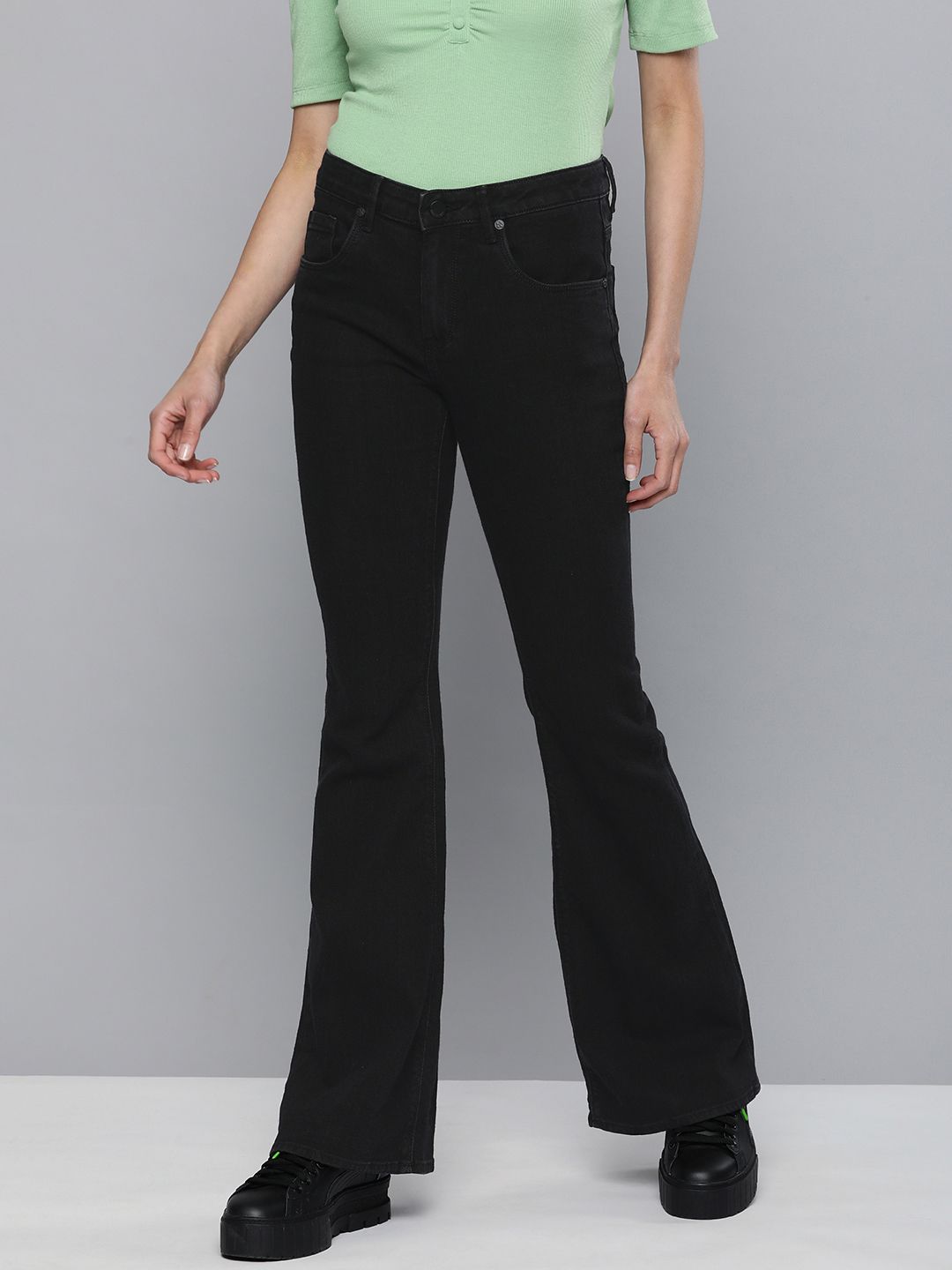 HERE&NOW Women Black High-Rise Clean Look Flared Jeans Price in India