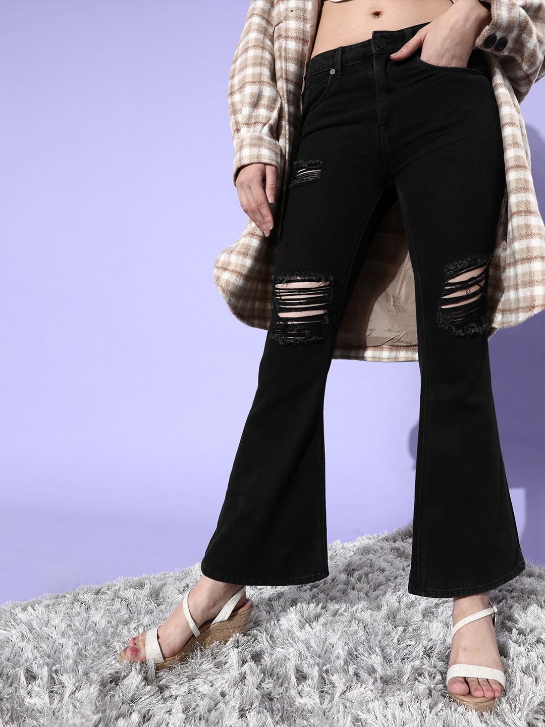 HERE&NOW Women Black Flared Slash Knee Jeans Price in India