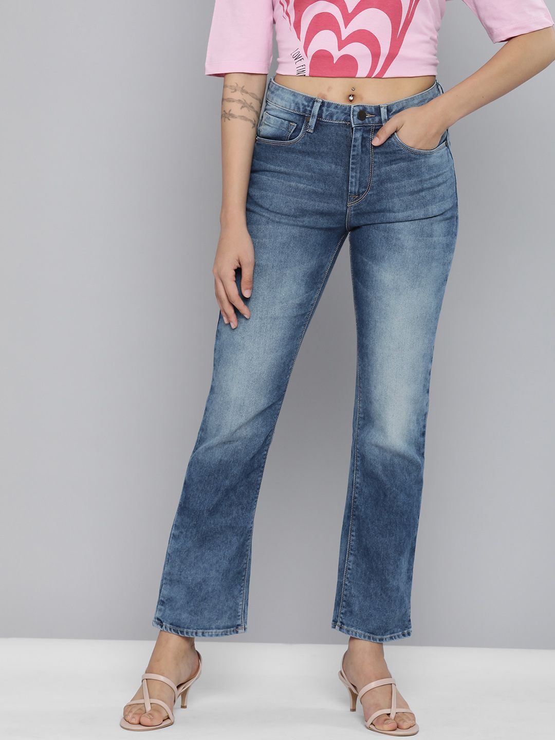 HERE&NOW Women Blue Bootcut Light Fade Stretchable Jeans Price in India