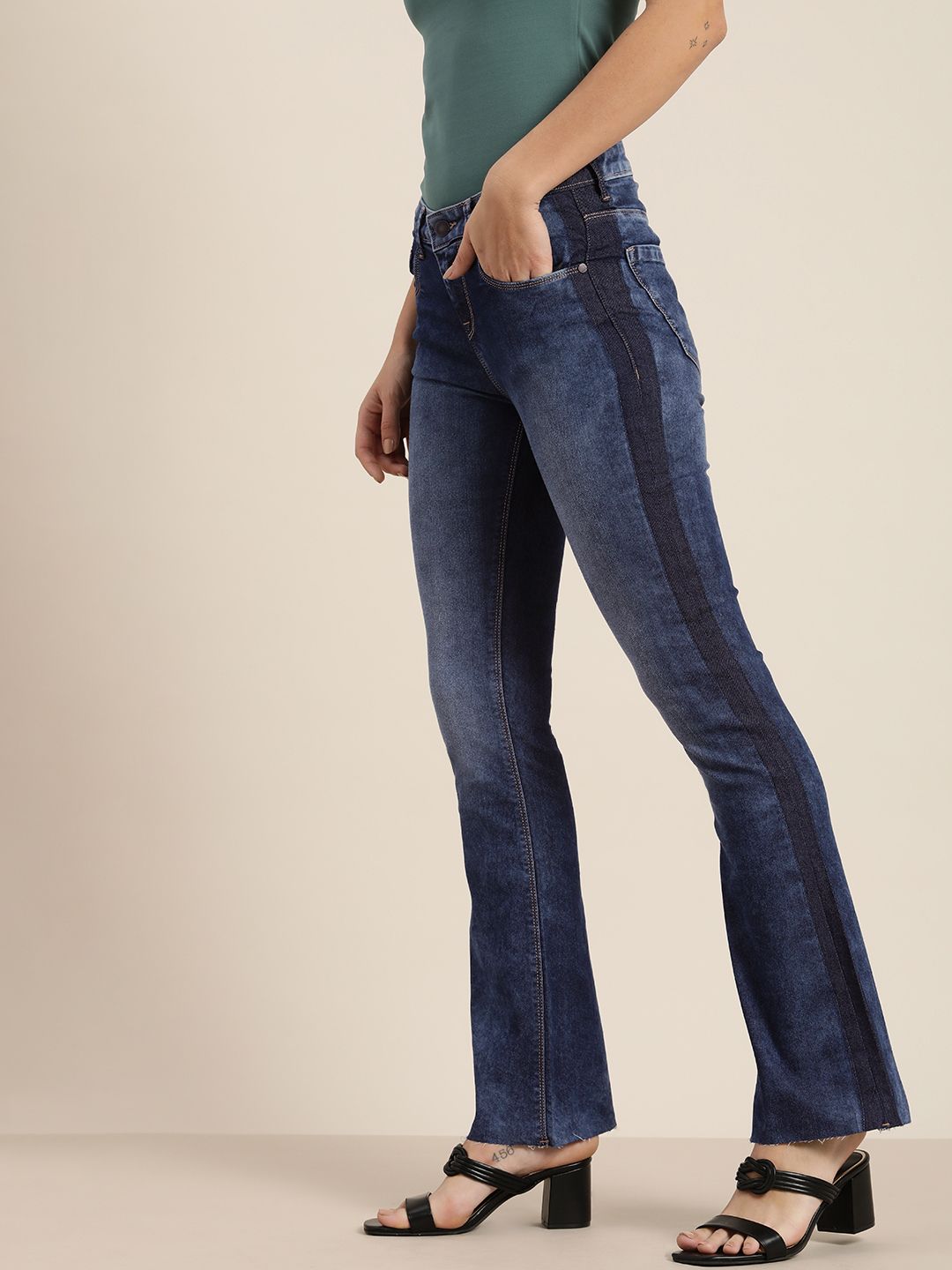 Moda Rapido Women Dark Blue Bootcut Mid-Rise Heavy Fade Jeans With Side Stripes Price in India