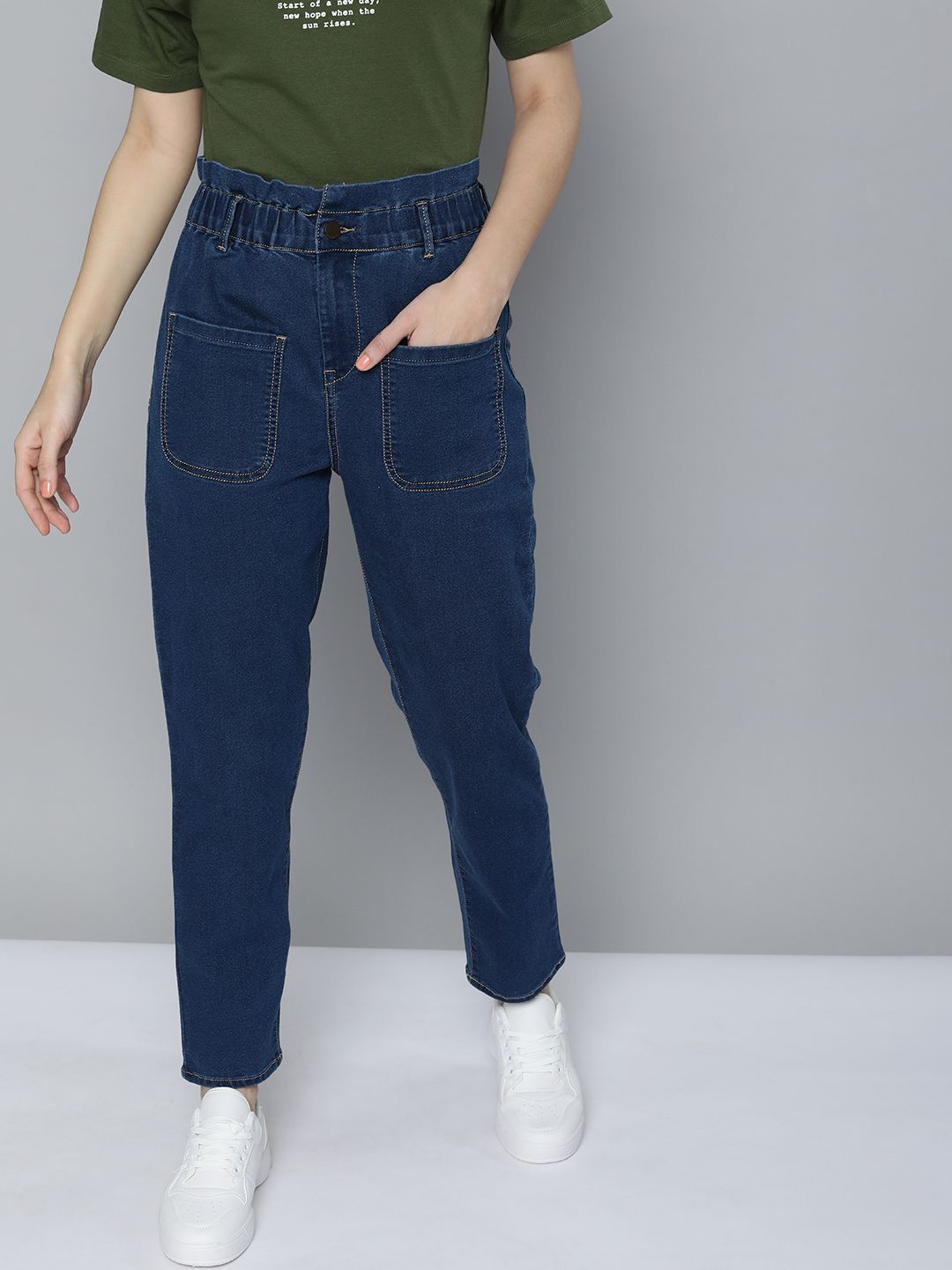 HERE&NOW Women Blue Mid-Rise Slouchy Fit Stretchable Jeans Price in India