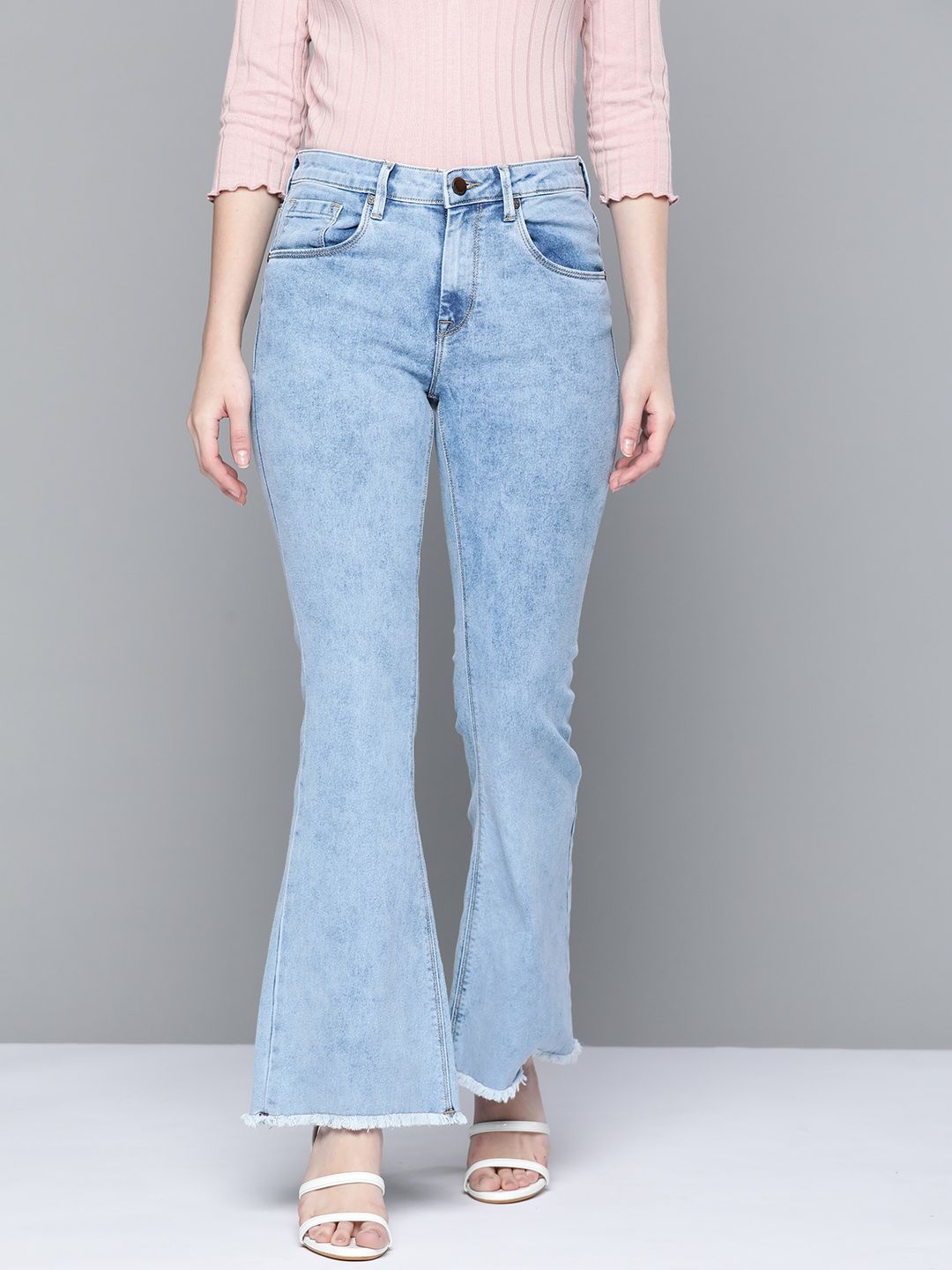 HERE&NOW Women Blue Flared High-Rise Heavy Fade Stretchable Jeans Price in India