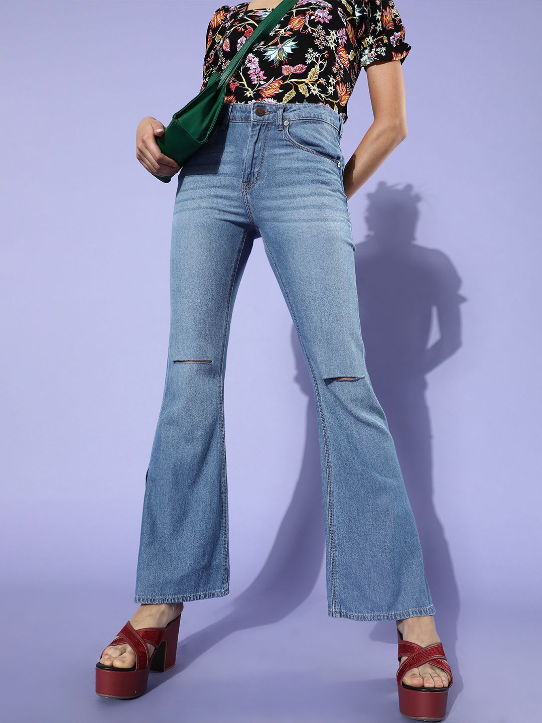 HERE&NOW Women Stunning Blue High-Rise Flared Fit Stretchable Jeans Price in India