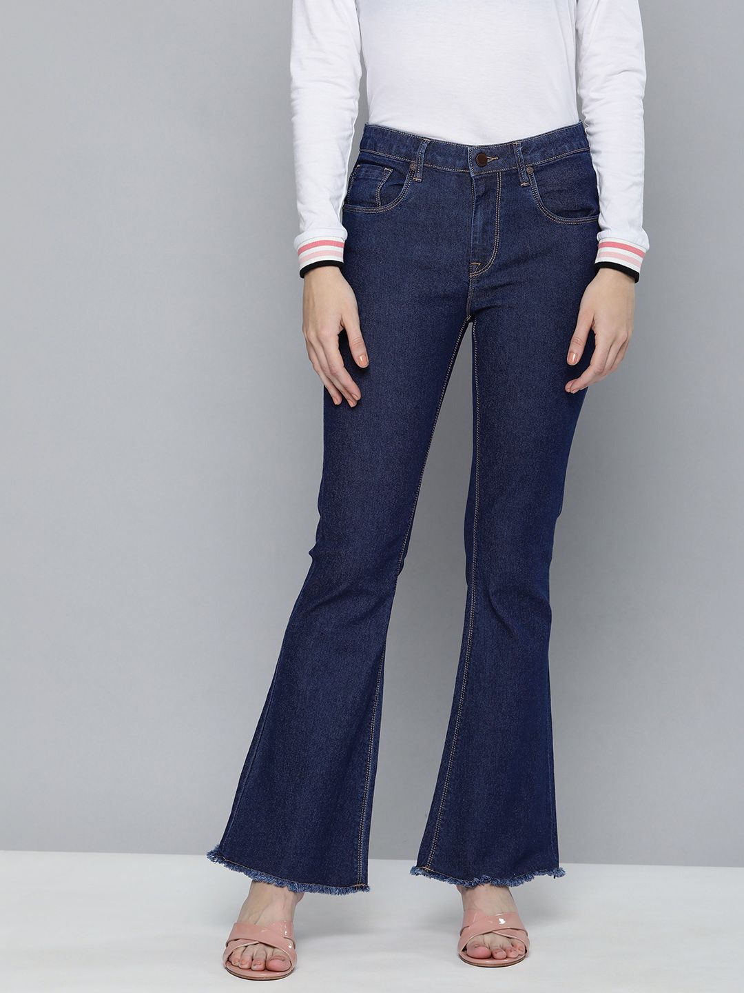 HERE&NOW Women Blue Mid-Rise Bootcut Clean Look Stretchable Jeans Price in India