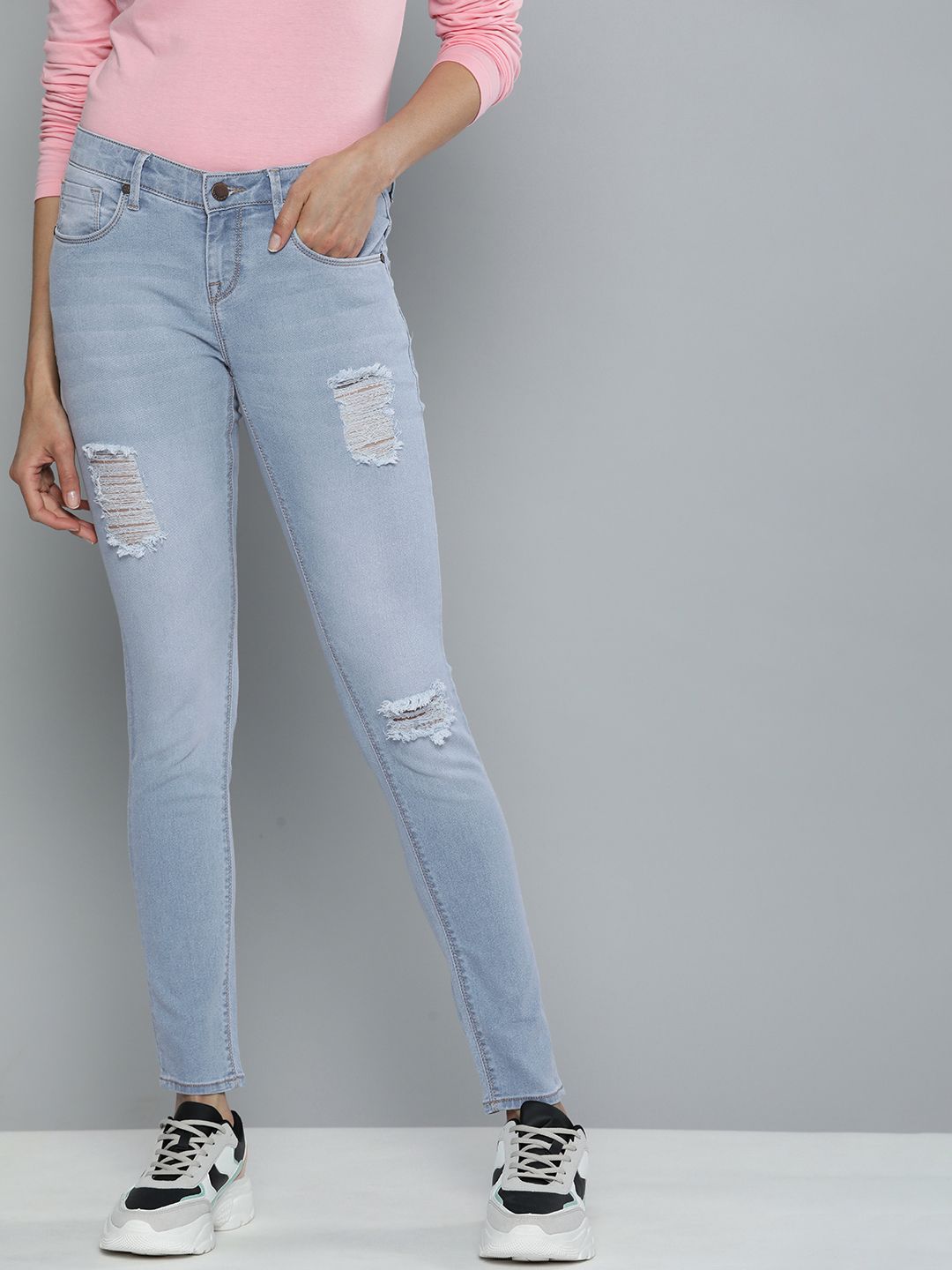 HERE&NOW Women Blue Mid-Rise Mildly Distressed Light Fade Jeans Price in India