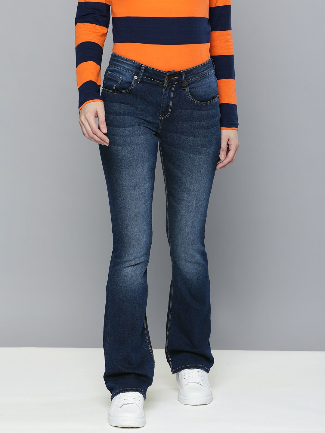 HERE&NOW Women Blue Bootcut Mid-Rise Heavy Fade Jeans Price in India
