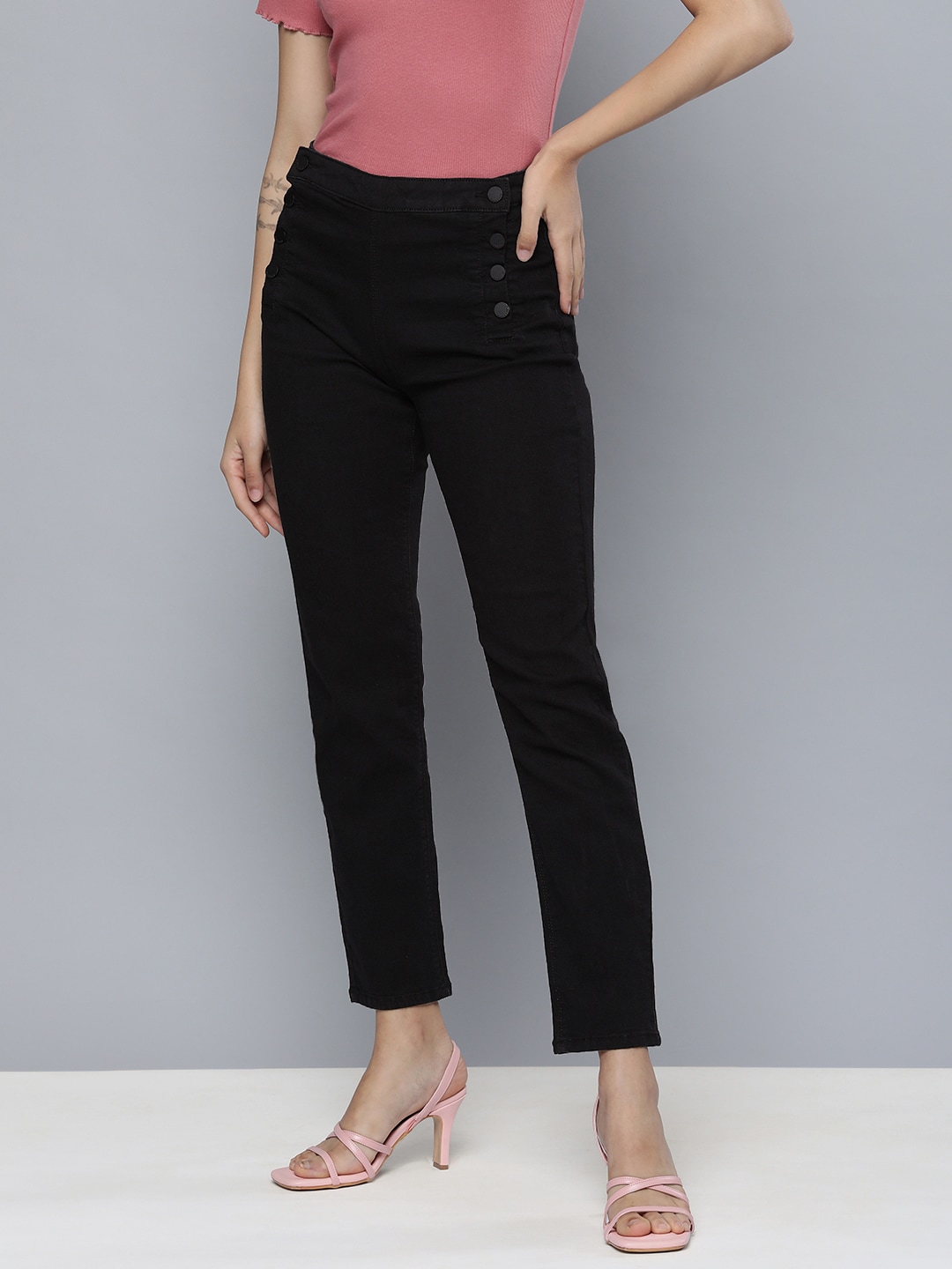 HERE&NOW Women Black High-Rise Clean Look Cropped Jeans Price in India