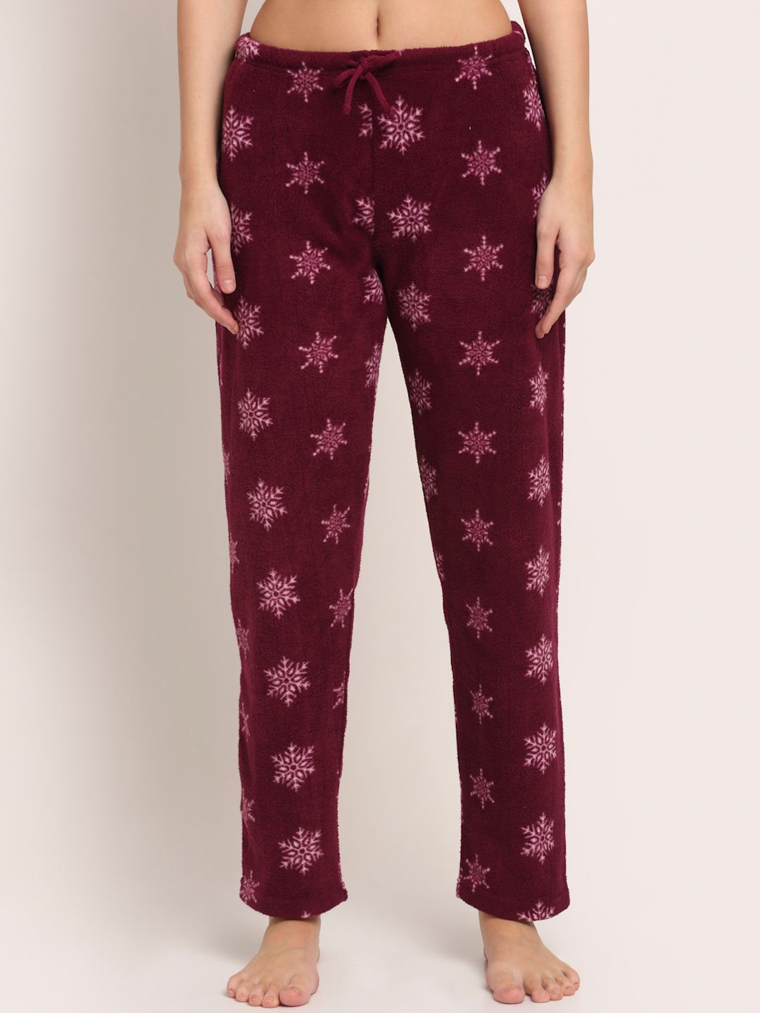 Kanvin Women Burgundy Polar Fleece Snow Flakes Printed Lounge Pants Price in India