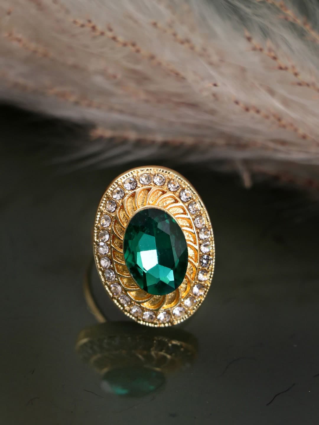 Crunchy Fashion Gold-Plated Green & White Kundan-Studded Adjustable Finger Ring Price in India