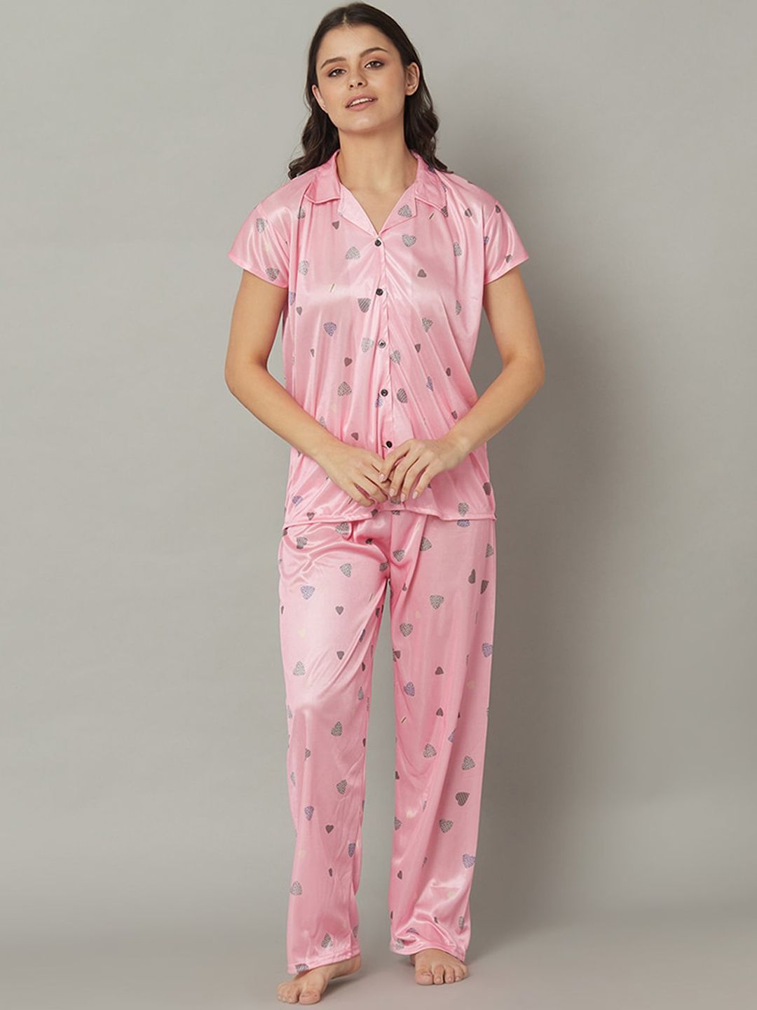 TRUNDZ Women Pink & Grey Printed Night suit Price in India