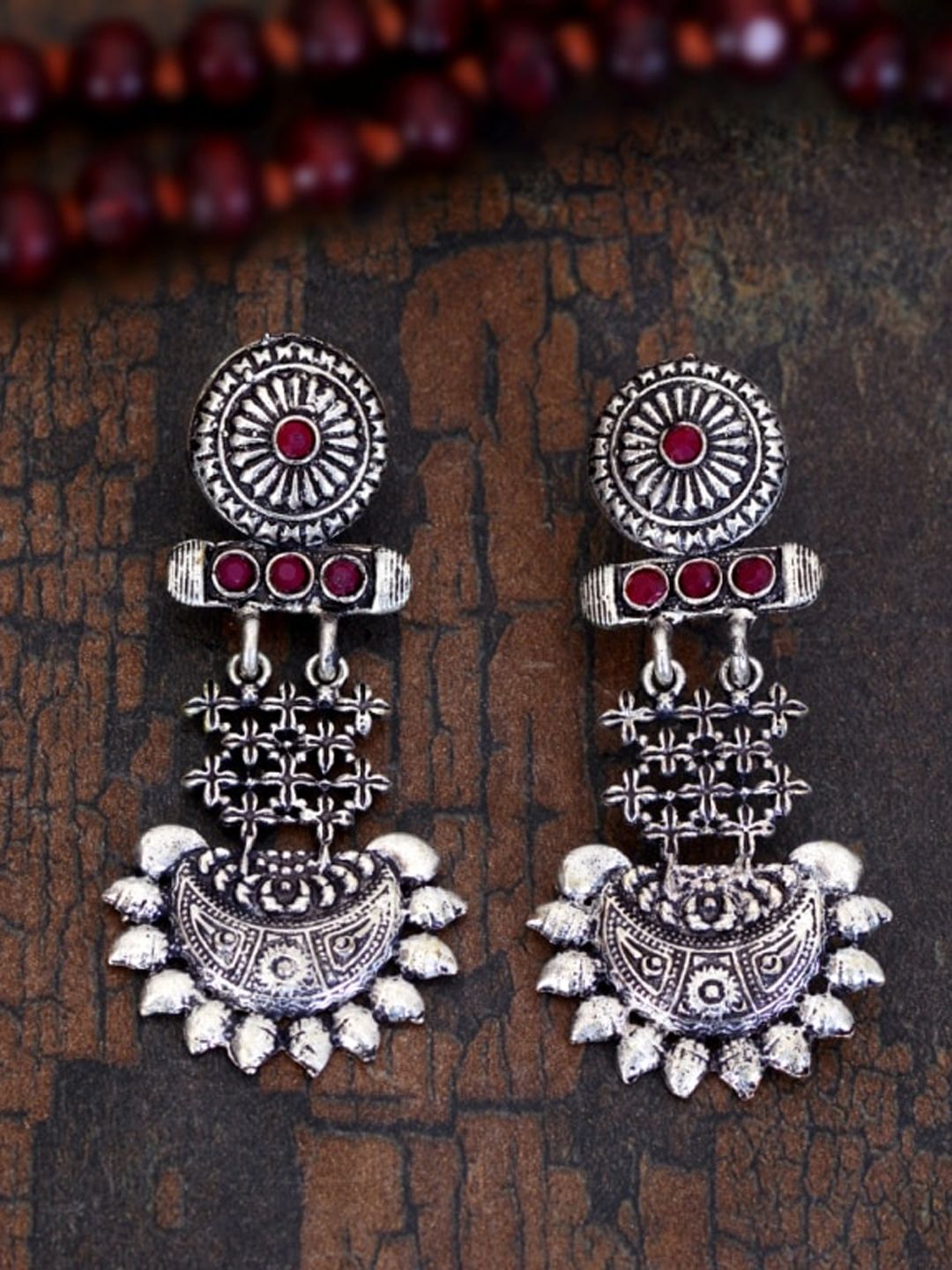 Indi INSIDE Silver-Toned & Red Contemporary Drop Earrings Price in India