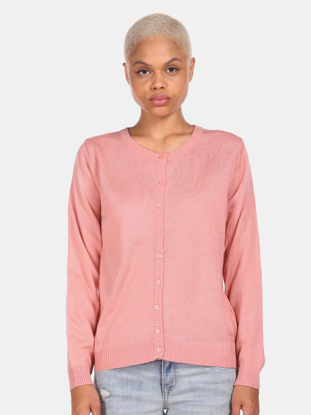 Sugr Women Pink Ribbed Front Open Cardigan Price in India
