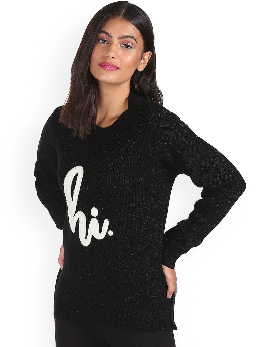 Sugr Women Black Round Neck Appliqued Sweater Price in India