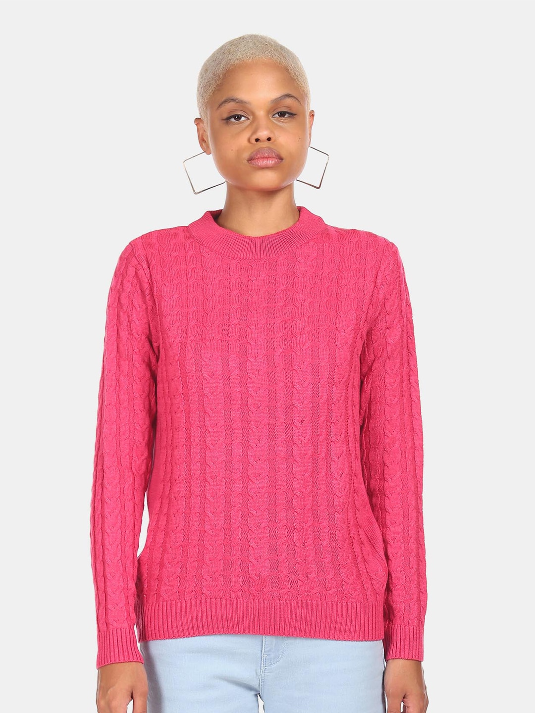 Sugr Women Pink Cable Knit Acrylic Pullover Price in India