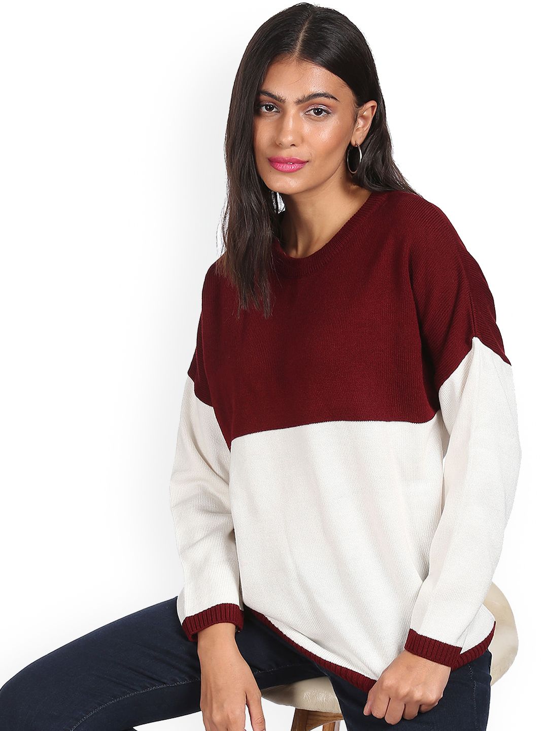 Sugr Women Maroon & White Colour Blocked Sweater Price in India