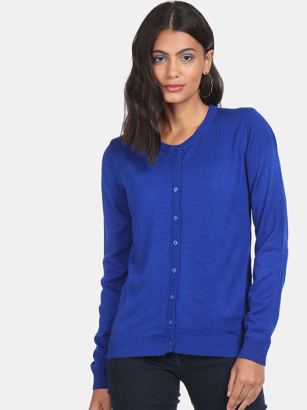 Sugr Women Blue Solid Ribbed Hem Cardigan Price in India