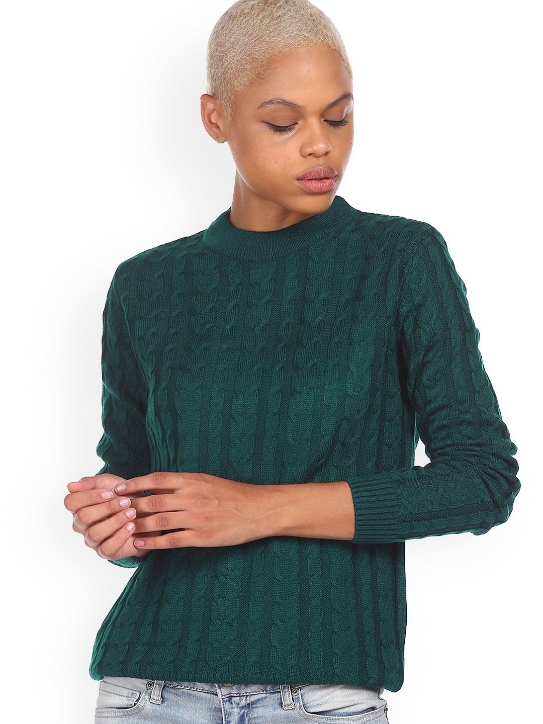 Sugr Women Green Cable Knit Pullover Price in India