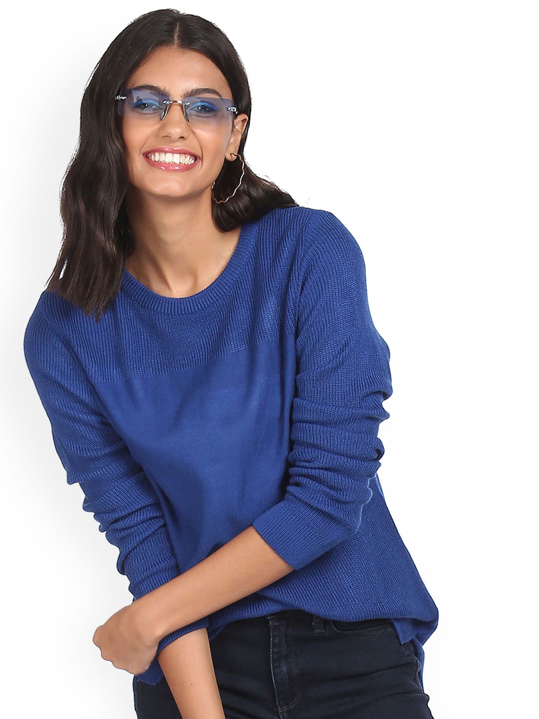Sugr Women Blue Round Neck Ribbed Sweater Price in India