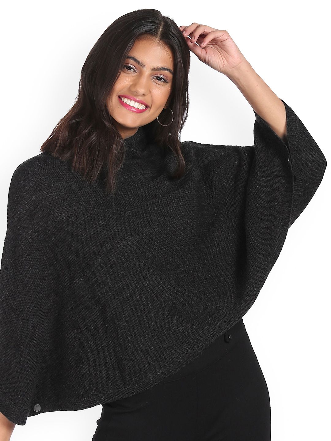 Sugr Women Charcoal Hooded Patterned Weave Sweater Price in India