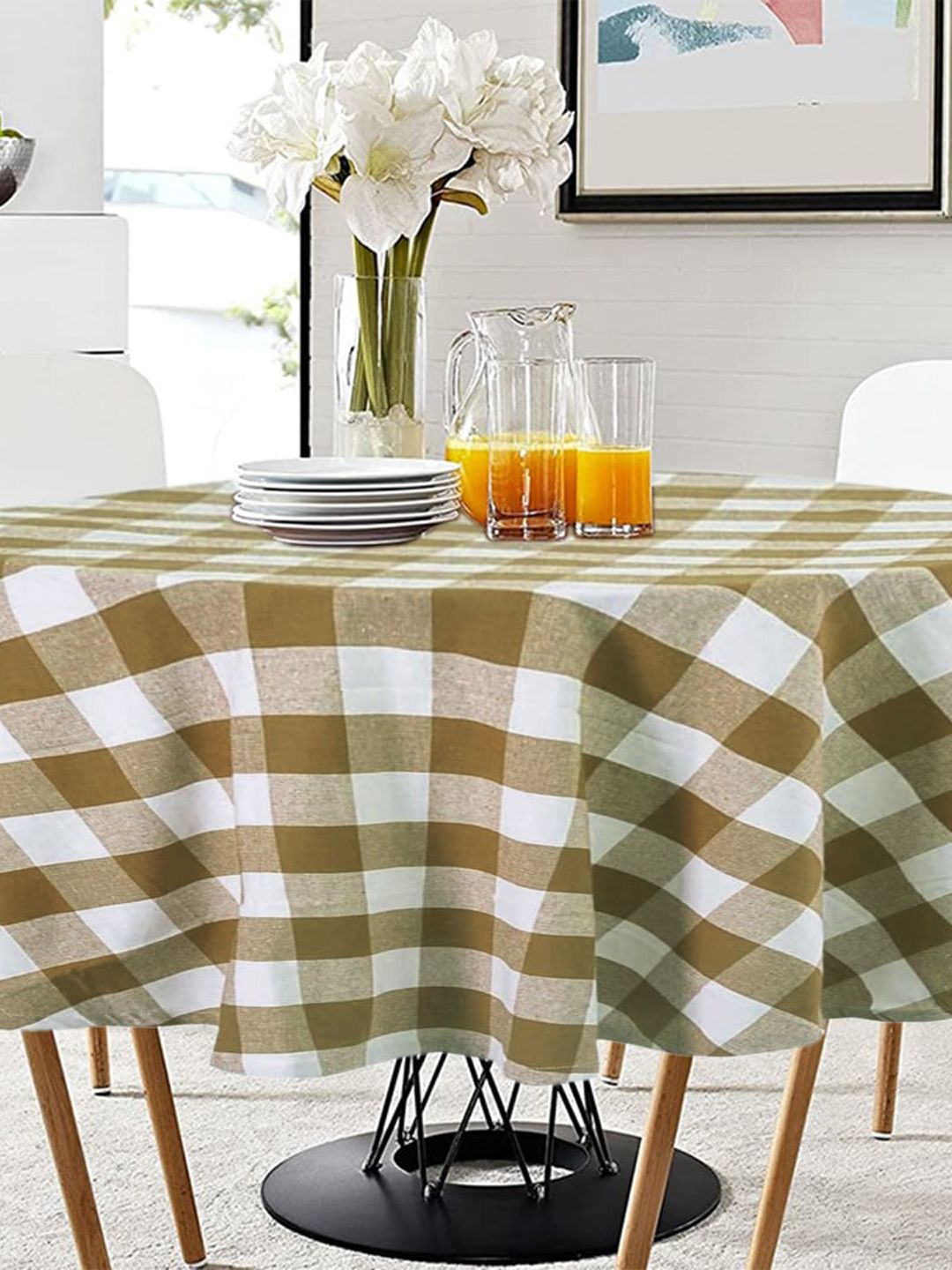 Lushomes Brown & White Checked 6 Seater Round Table Cloth Price in India