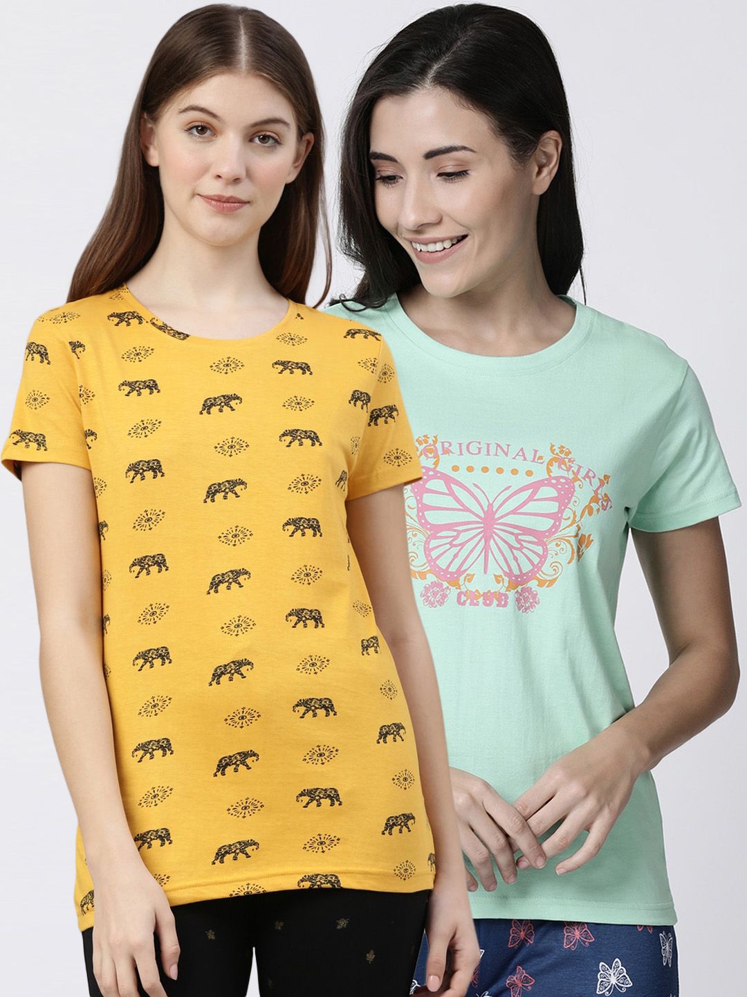 Kryptic Women Pack of 2 Green & Yellow Printed Pure Cotton Lounge T-shirts Price in India