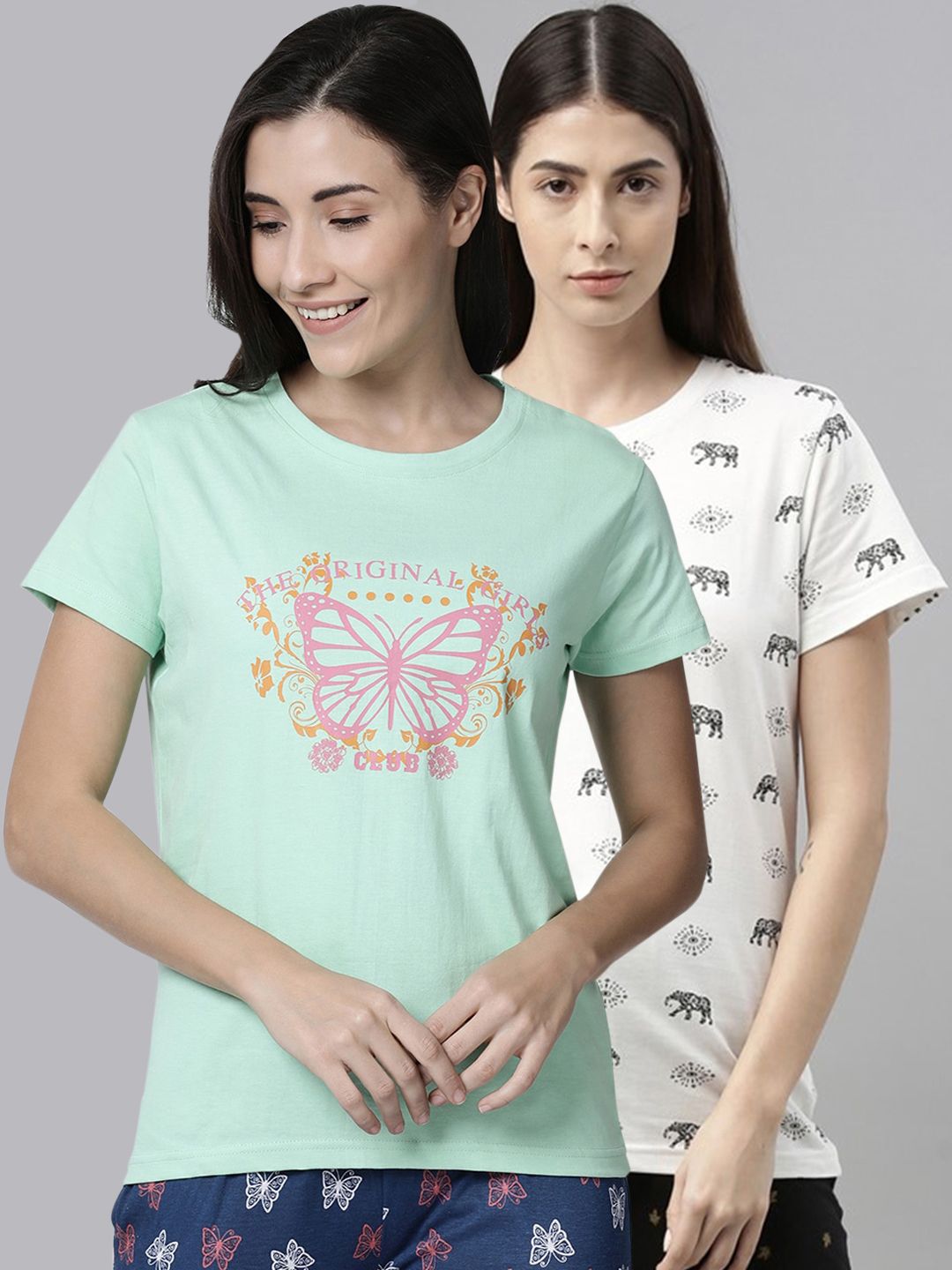 Kryptic Women Pack Of 2 Printed Pure Cotton Lounge T-Shirts Price in India