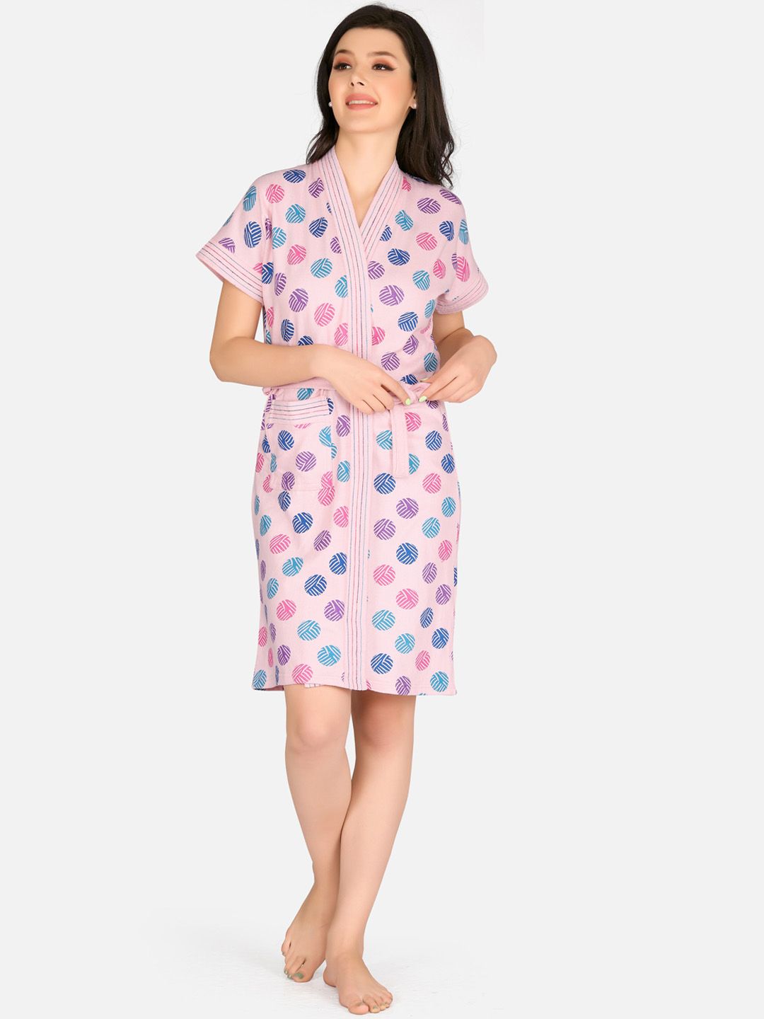 Sand Dune Women Pink & Blue Printed Pure Terry Cotton Bath Robe Price in India