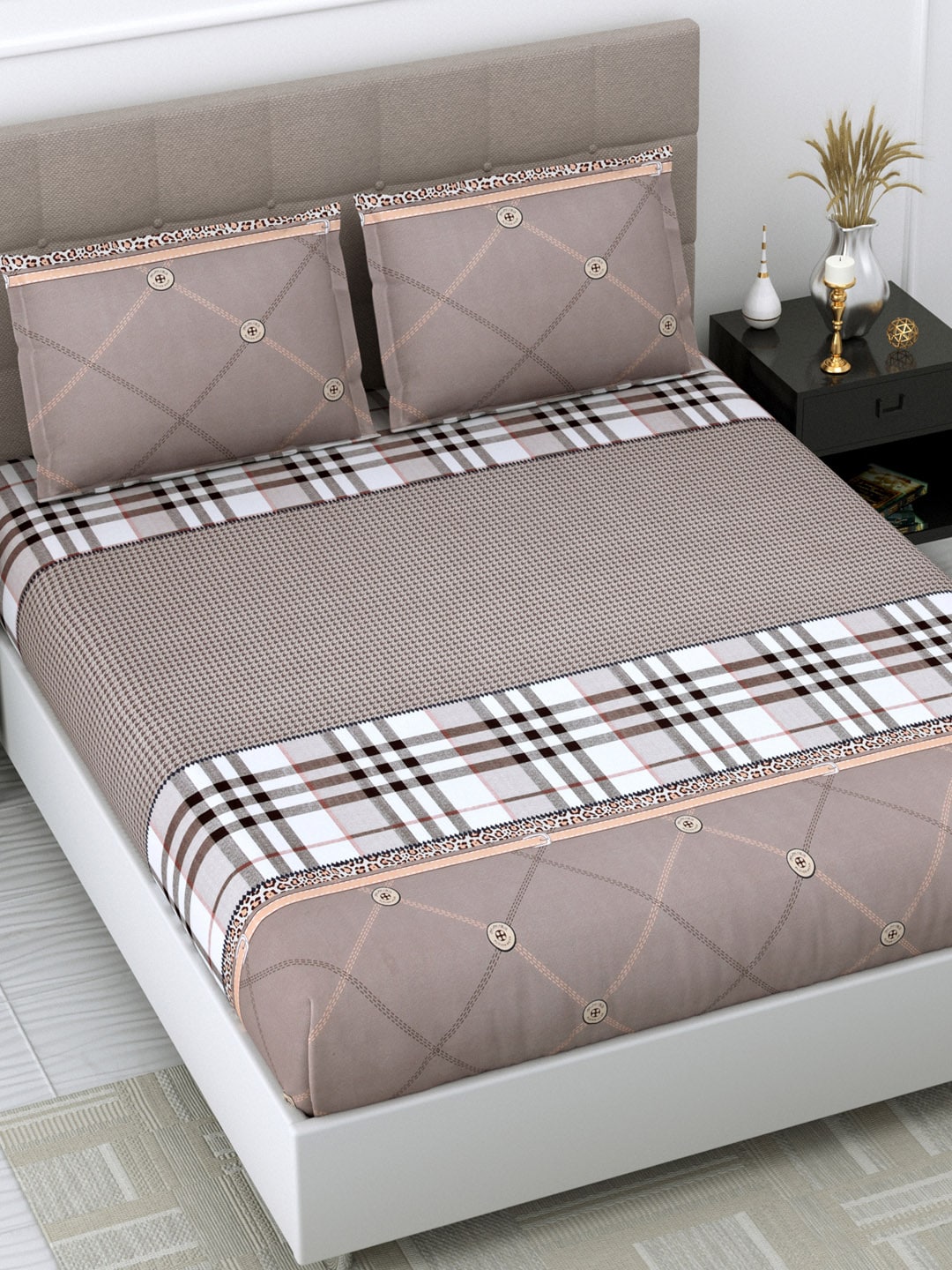 Beige Checked 220 TC Glazed Cotton King Bedsheet with 2 Pillow Covers Price in India