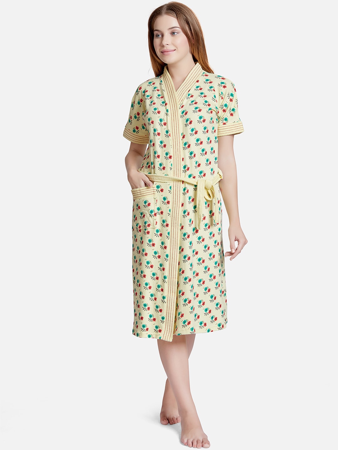 Sand Dune Women Yellow & Green Printed Pure Terry Cotton Bath Robe Price in India