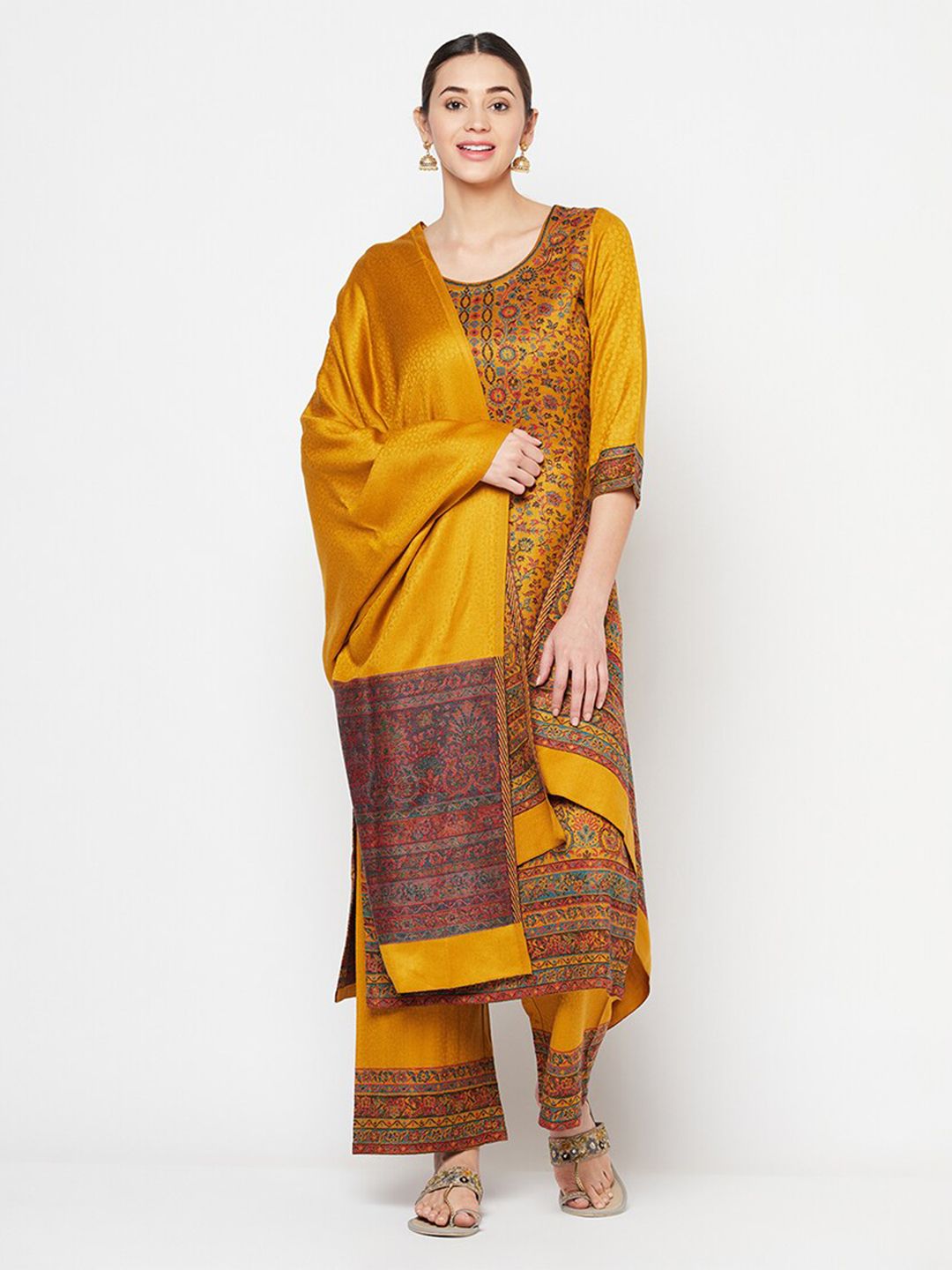 Safaa Mustard & Red Viscose Rayon Unstitched Dress Material Price in India