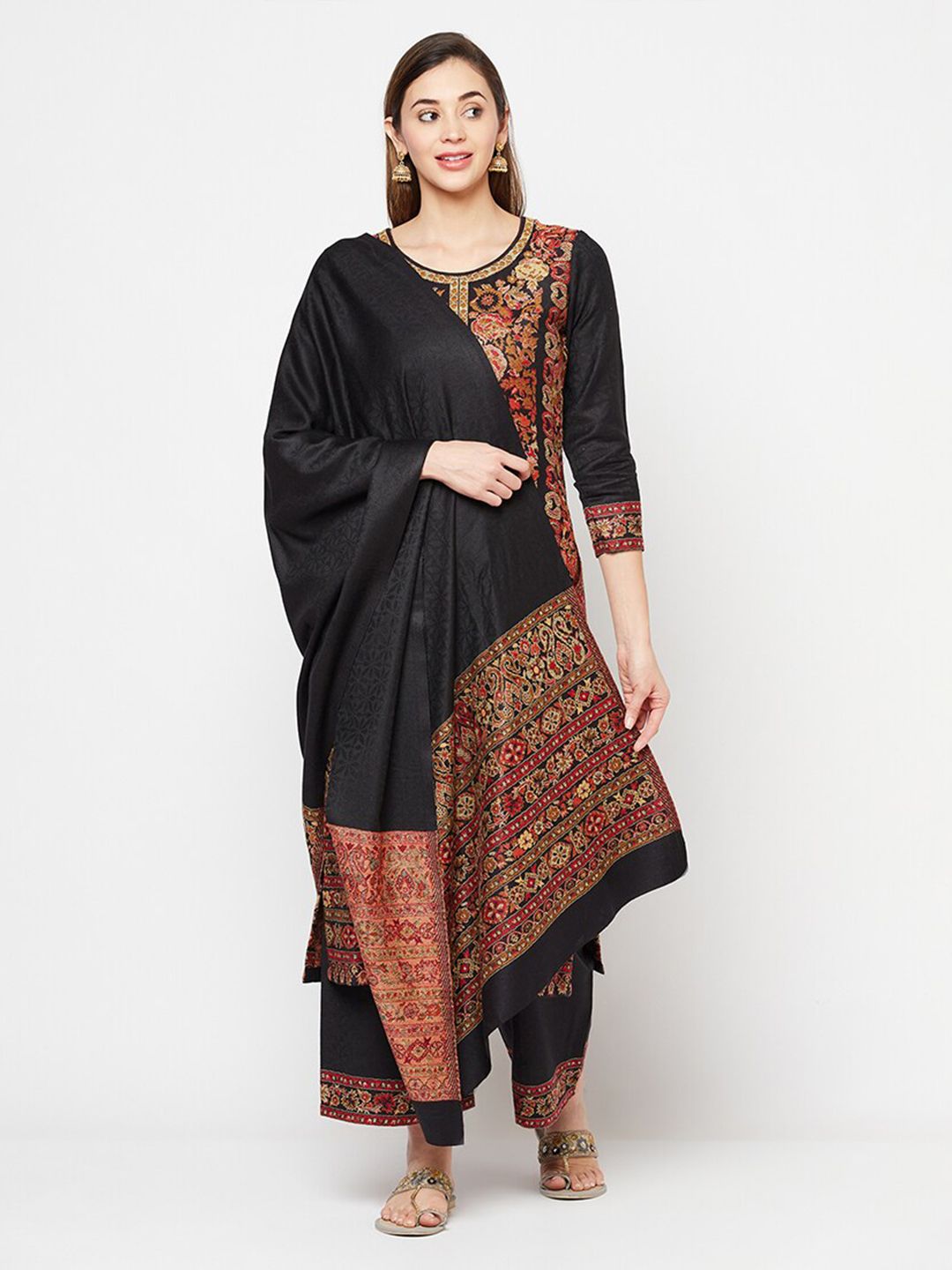 Safaa Women Black Printed Unstitched Dress Material Price in India